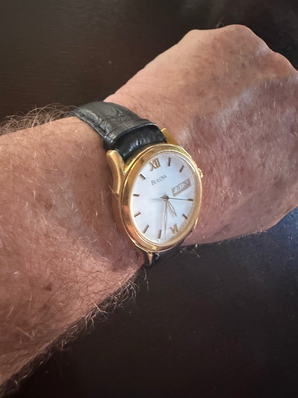 Bulova Men’s Gold Tone Quartz Dress Watch Day Date White Dial Black Leather Strap