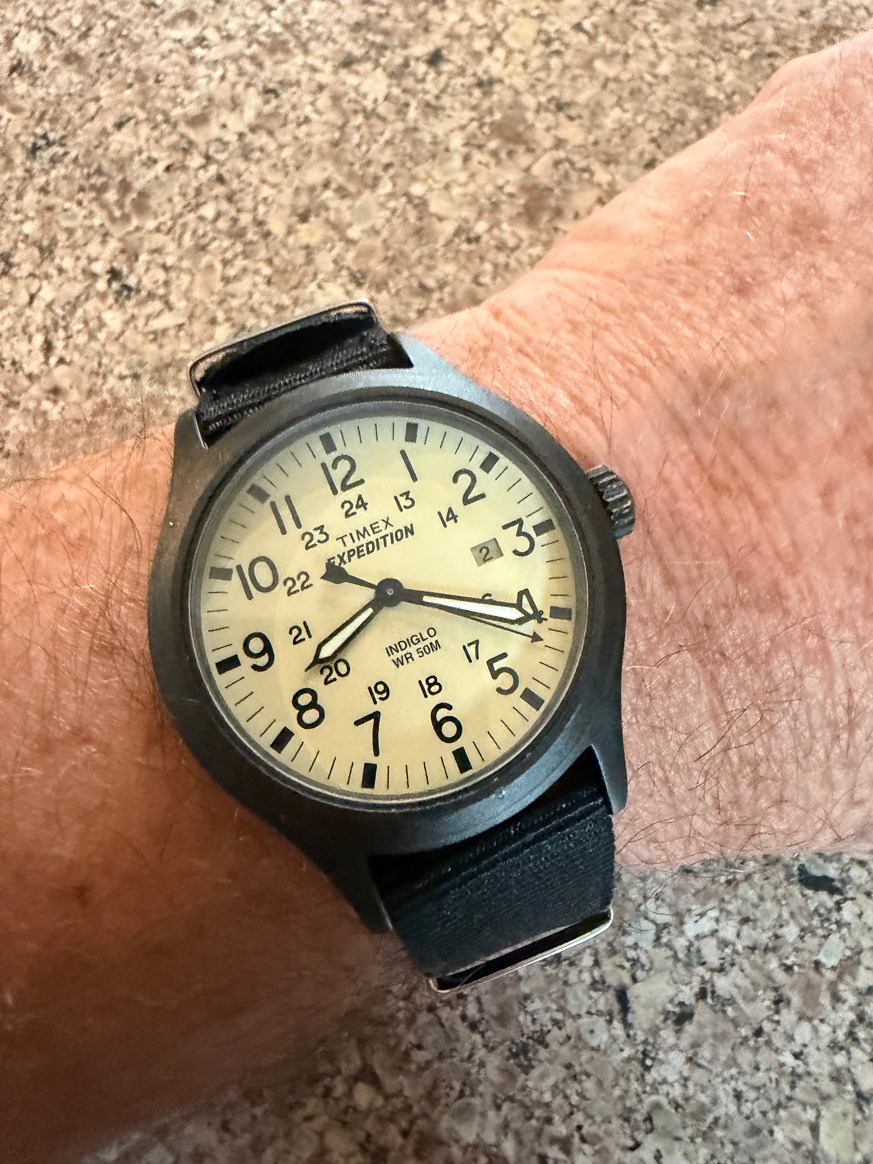 Vintage Timex Expedition Field Watch Quartz Gunmetal Metal Case Indiglo 50M
