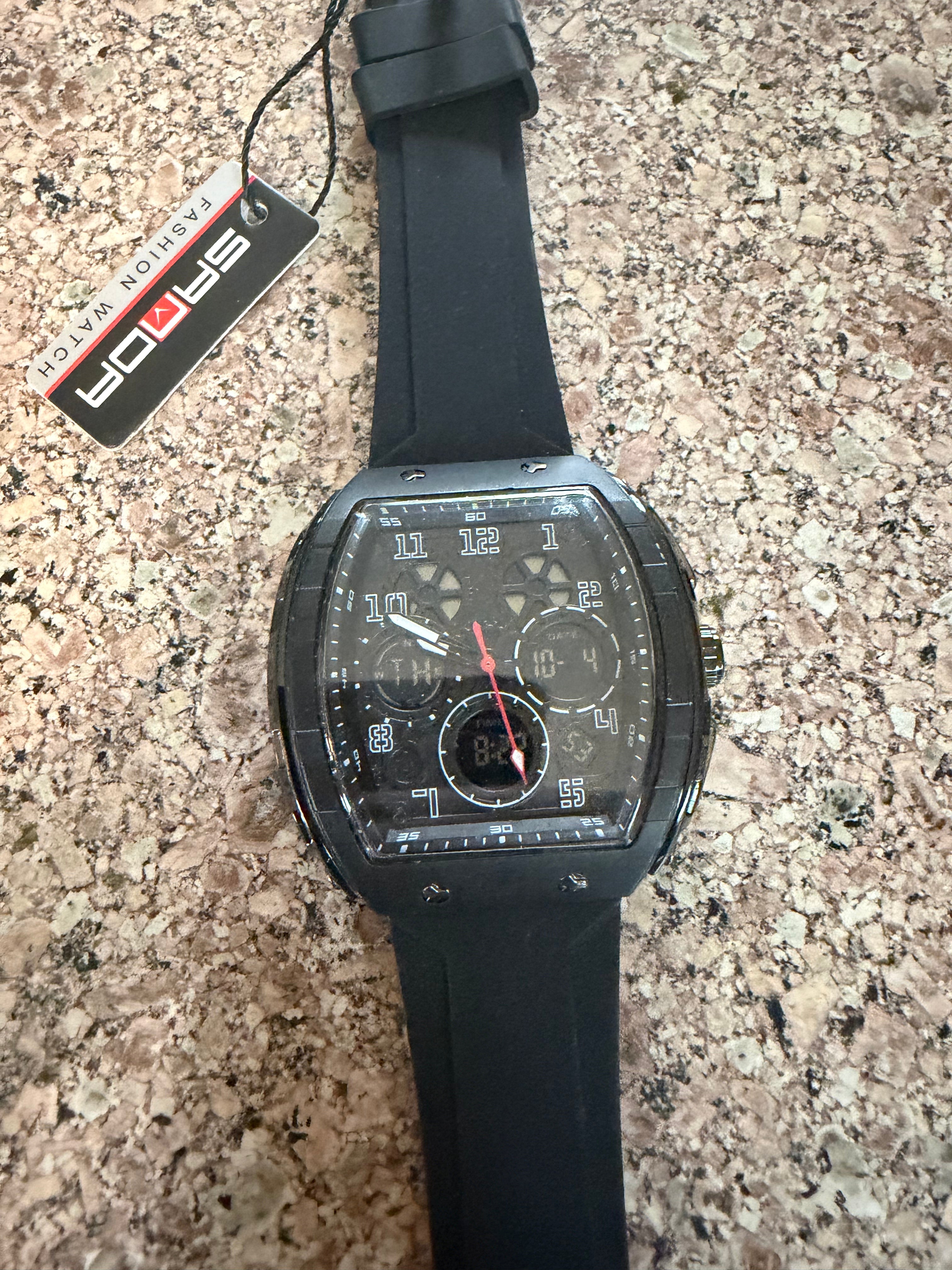 Sanda Ana-Digi Men’s Sport Watch Black Tonneau Case Silicone Strap Quartz