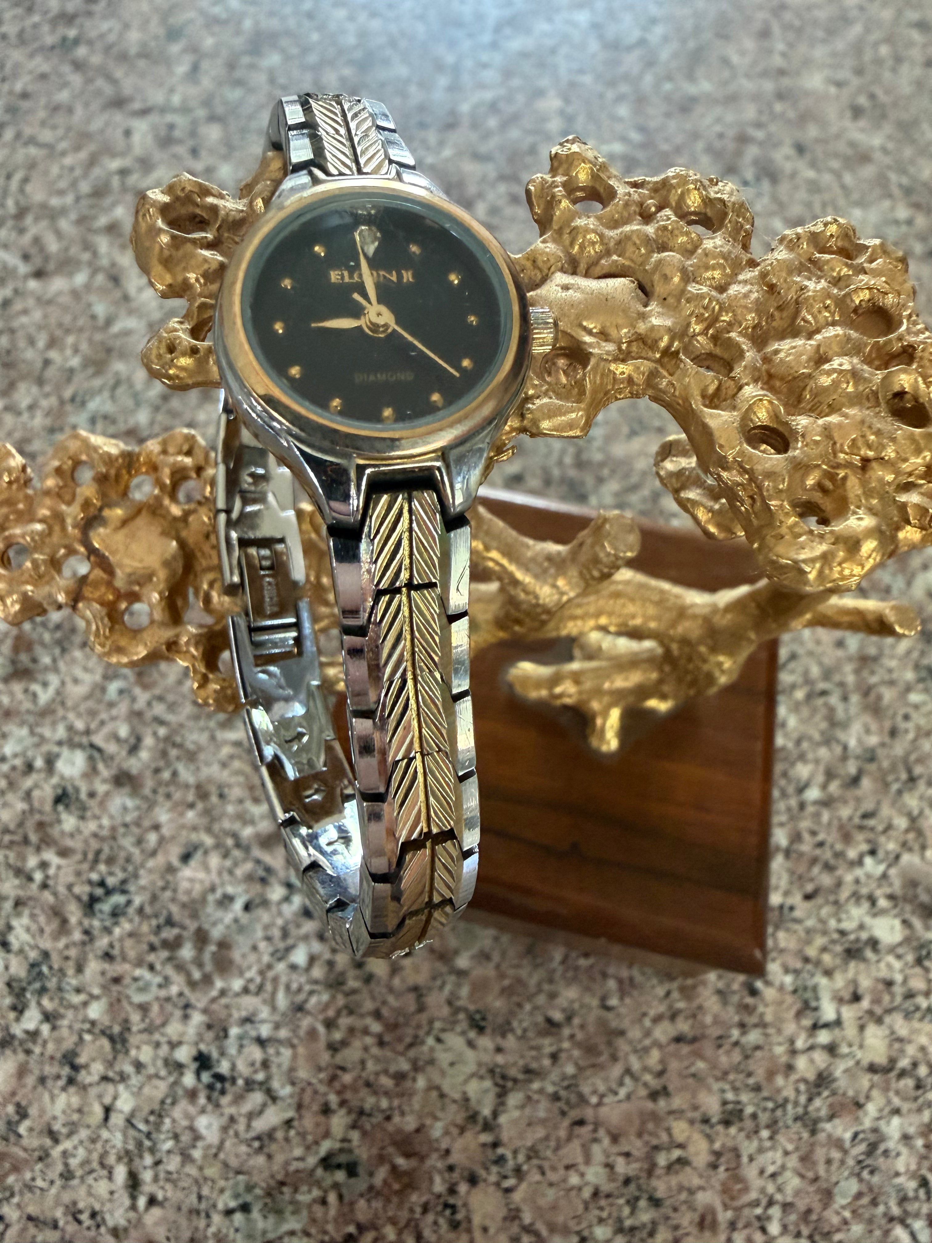 Vintage Regent Elgin II Diamond Ladies Quartz Watch Black Dial Two-Tone Expansion Bracelet Japan Movement
