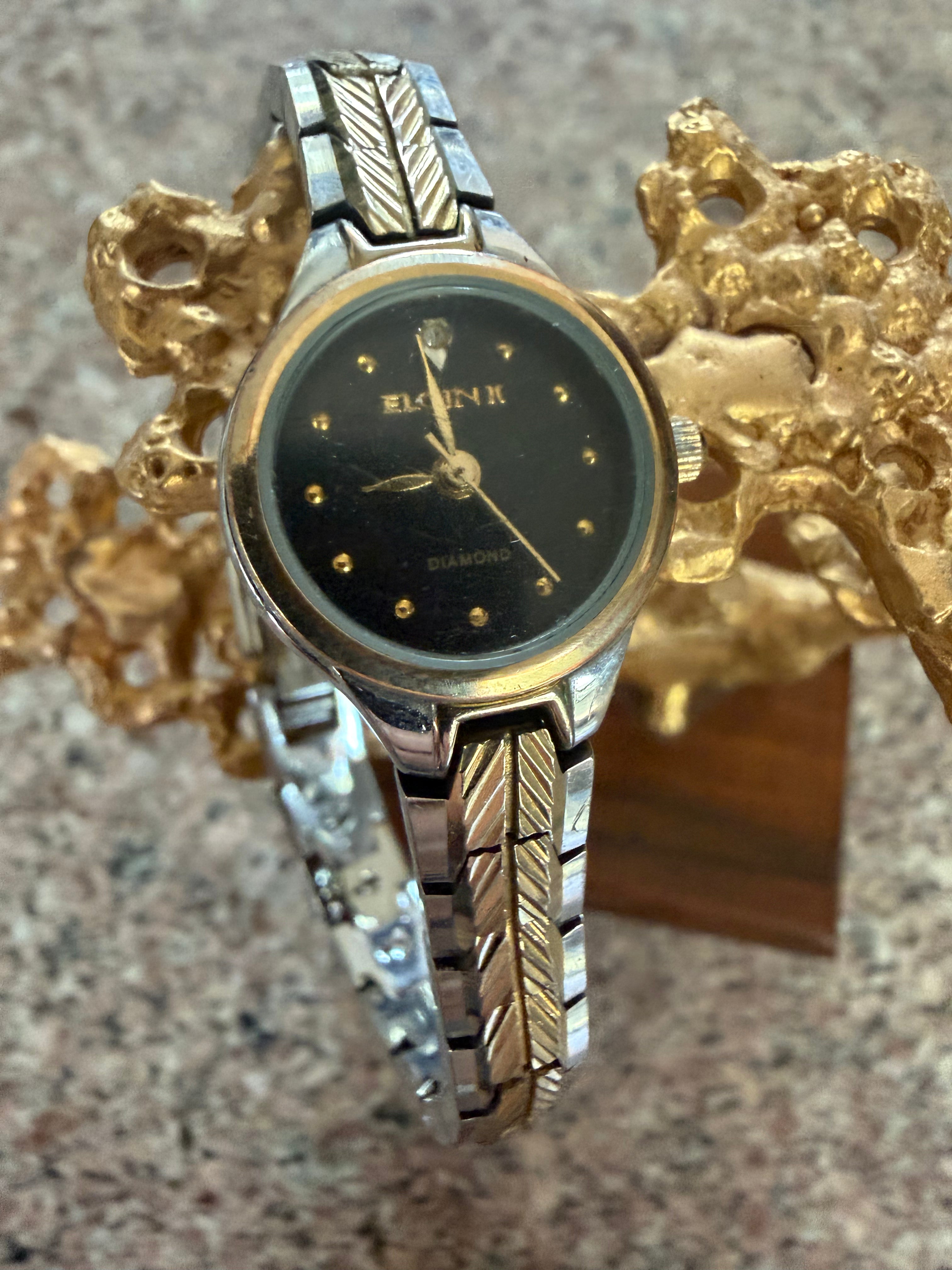 Vintage Regent Elgin II Diamond Ladies Quartz Watch Black Dial Two-Tone Expansion Bracelet Japan Movement
