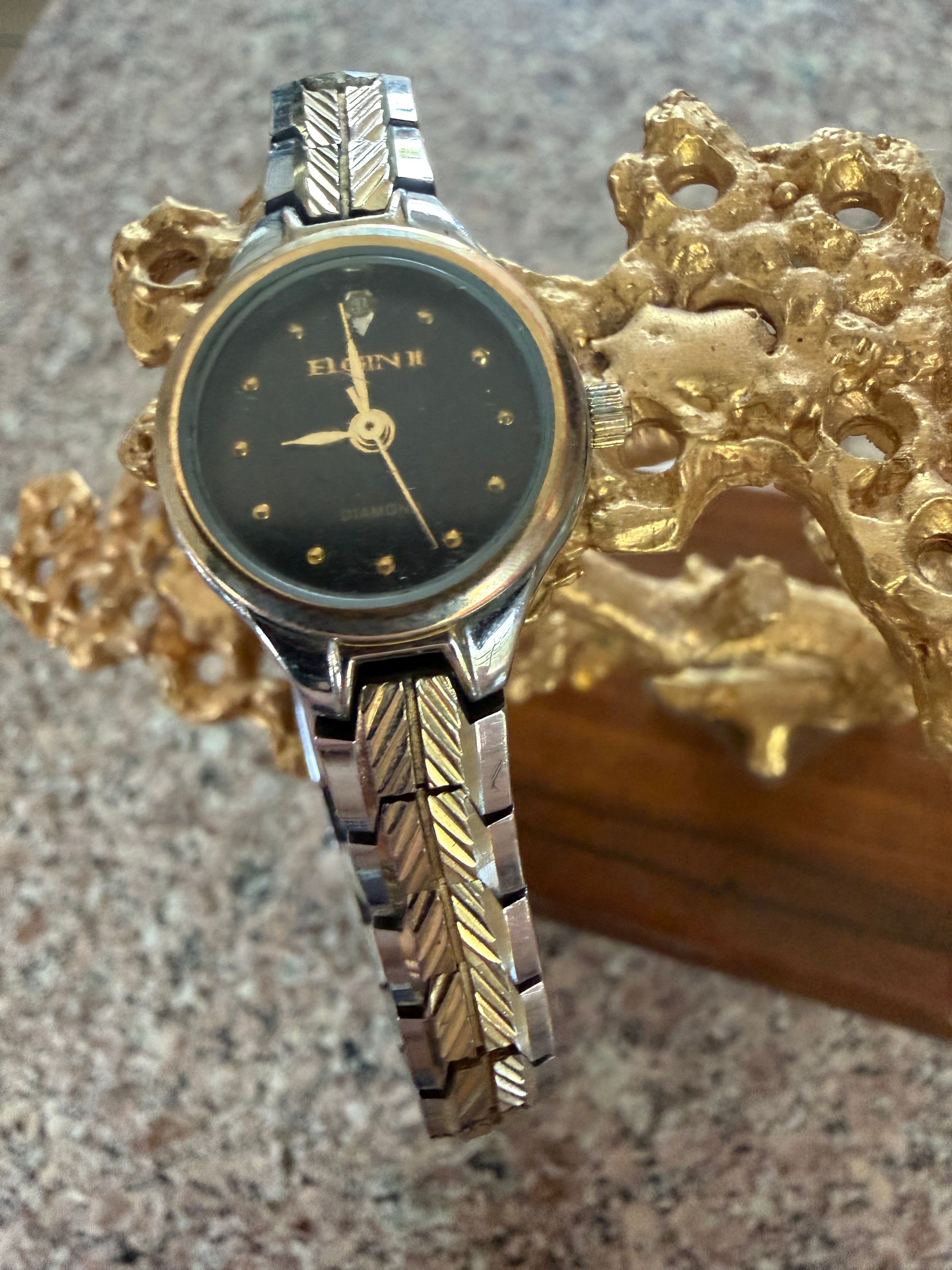 Vintage Regent Elgin II Diamond Ladies Quartz Watch Black Dial Two-Tone Expansion Bracelet Japan Movement
