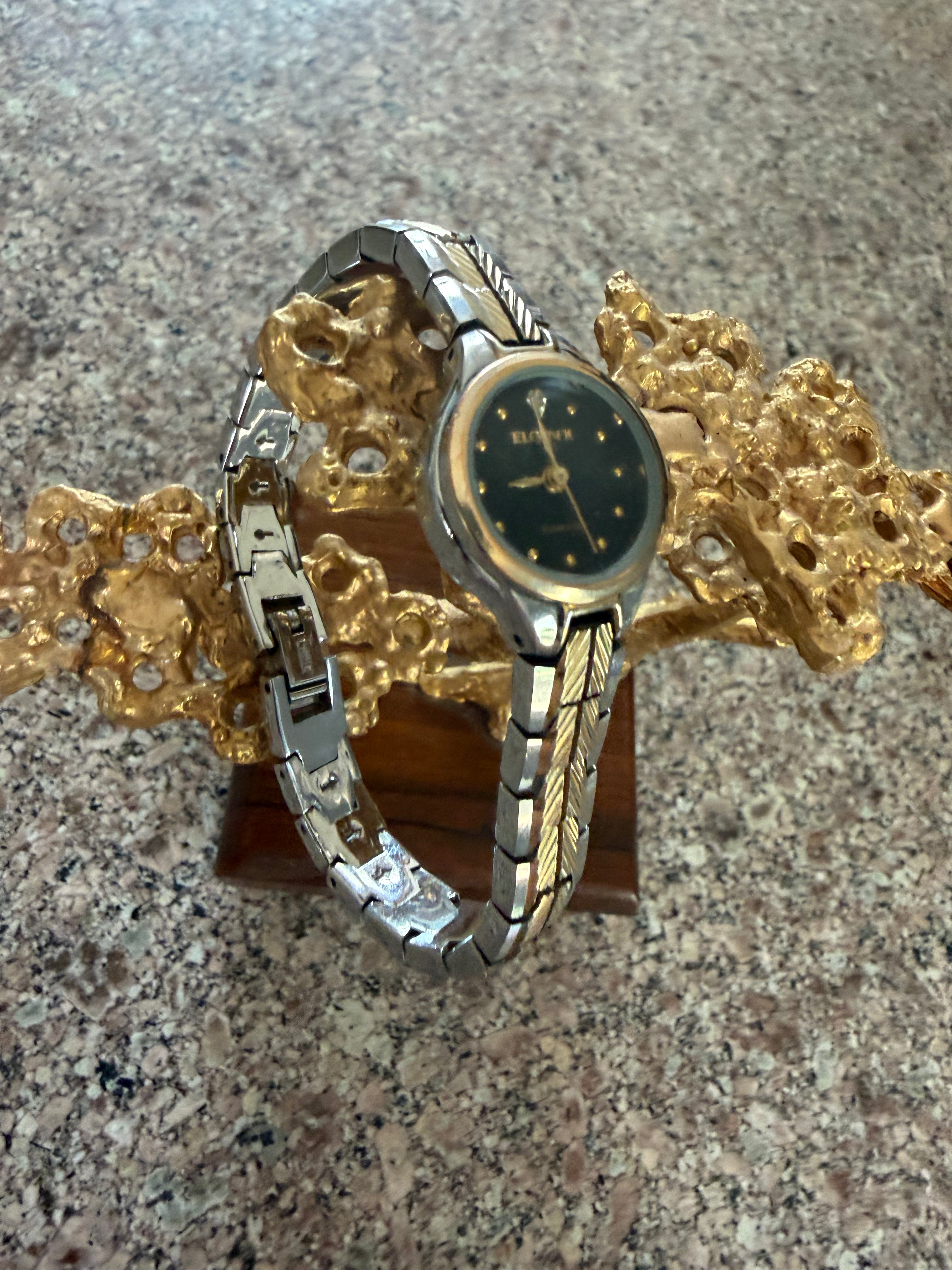 Vintage Regent Elgin II Diamond Ladies Quartz Watch Black Dial Two-Tone Expansion Bracelet Japan Movement