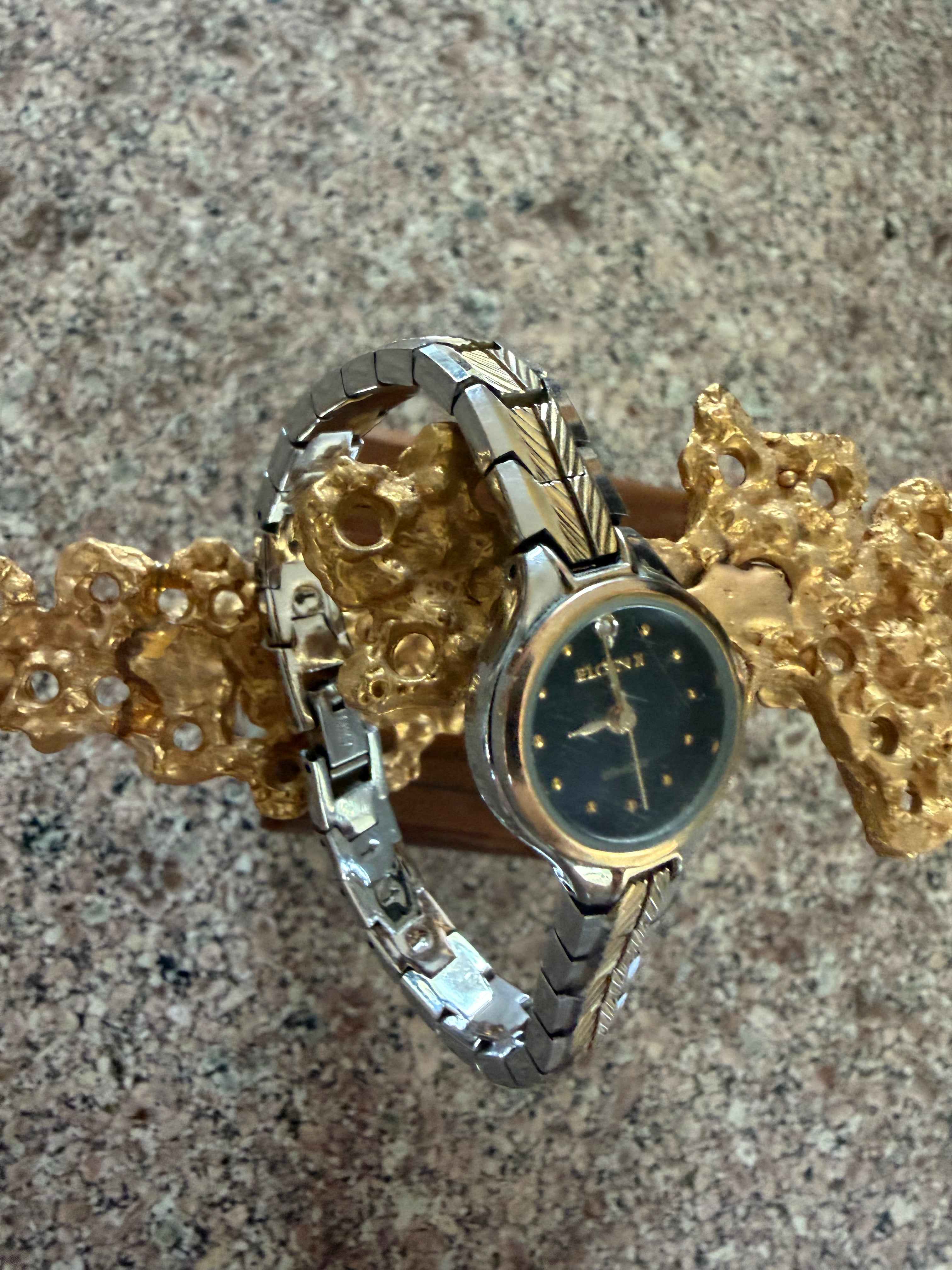 Vintage Regent Elgin II Diamond Ladies Quartz Watch Black Dial Two-Tone Expansion Bracelet Japan Movement