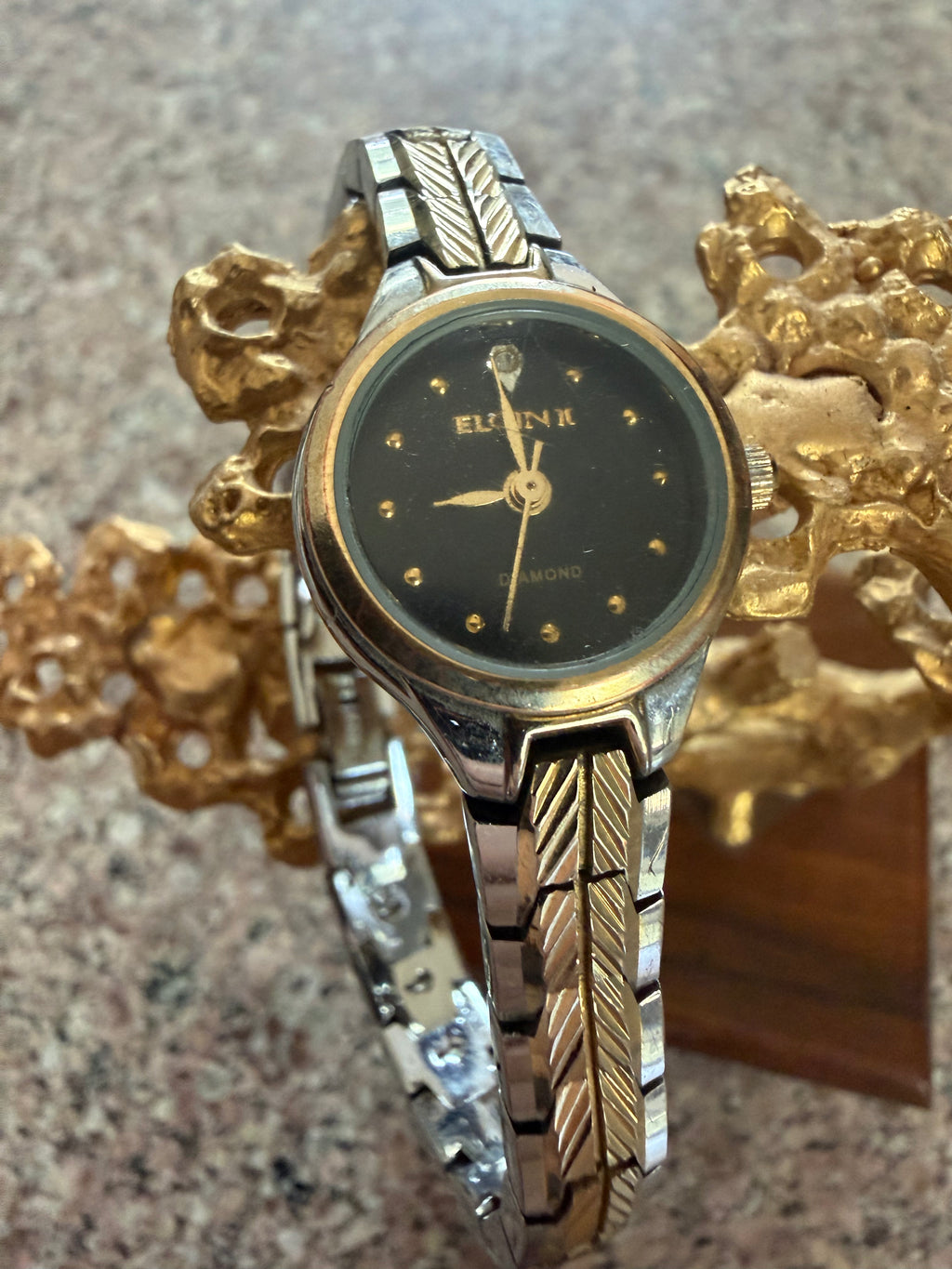 Vintage Regent Elgin II Diamond Ladies Quartz Watch Black Dial Two-Tone Expansion Bracelet Japan Movement
