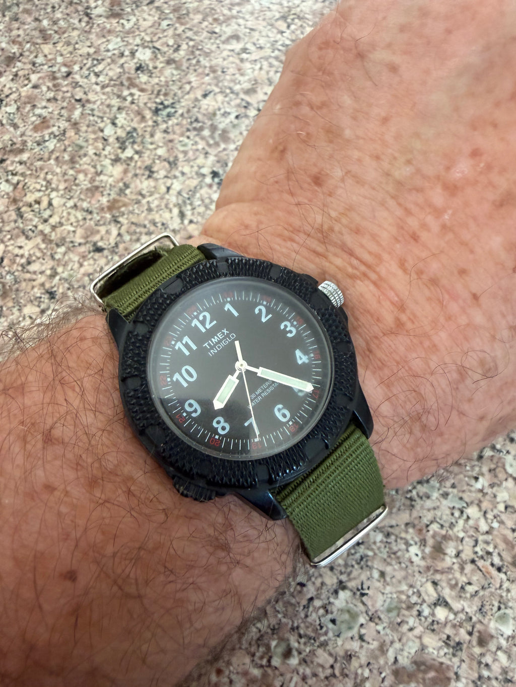 Vintage Timex Indiglo Field Watch Black Tactical Quartz 30M Green NATO, New Batt