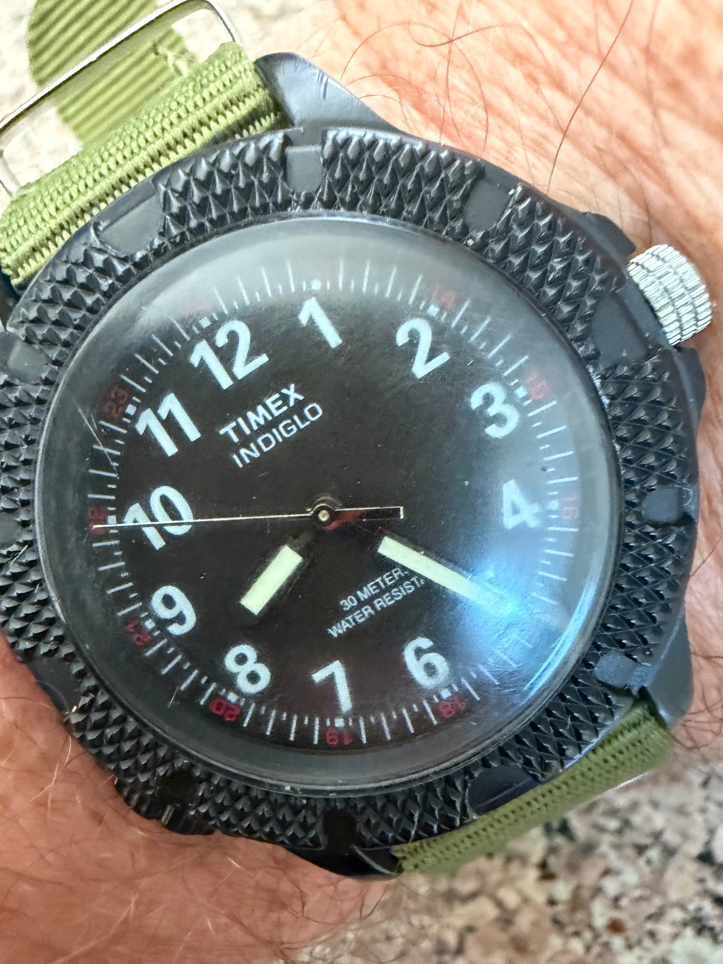 Vintage Timex Indiglo Field Watch Black Tactical Quartz 30M Green NATO, New Batt