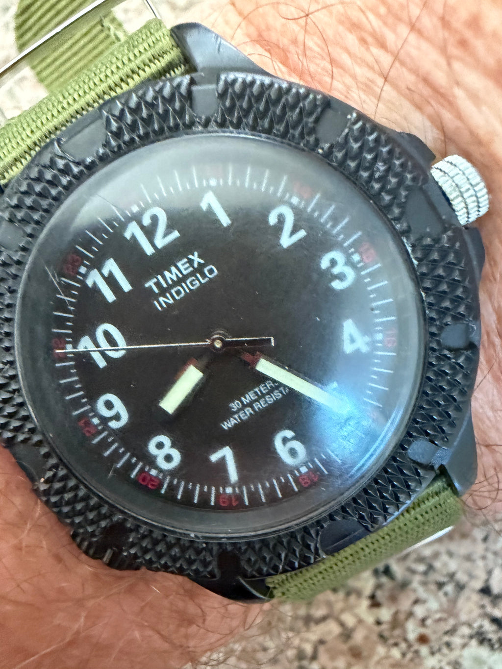 Vintage Timex Indiglo Field Watch Black Tactical Quartz 30M Green NATO, New Batt
