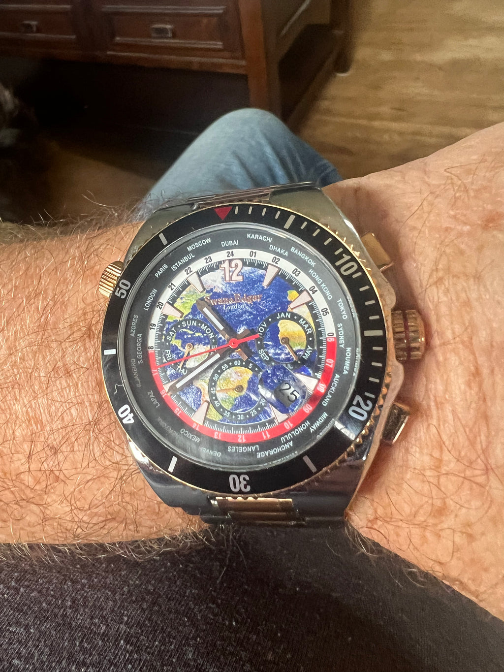 Swan & Edgar World Time Chronograph Automatic Watch. Full links.