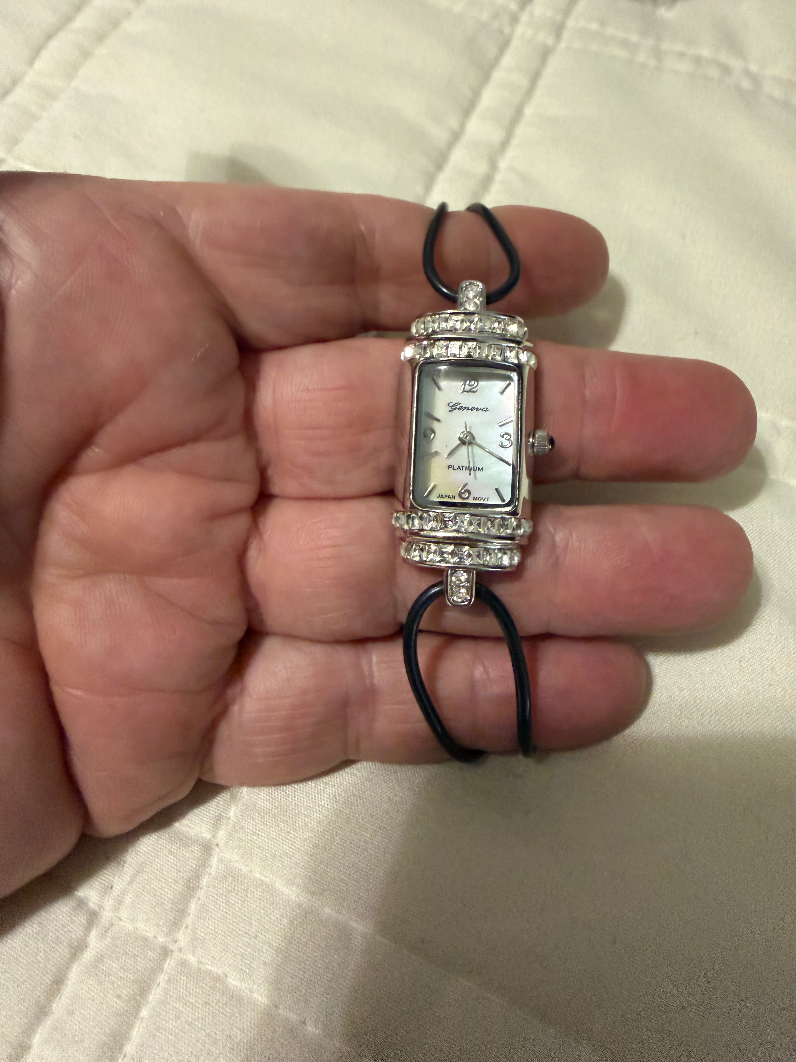 Geneva Platinum Women’s Rectangle Quartz Watch Crystal Accent Japan Movt Silver new battery