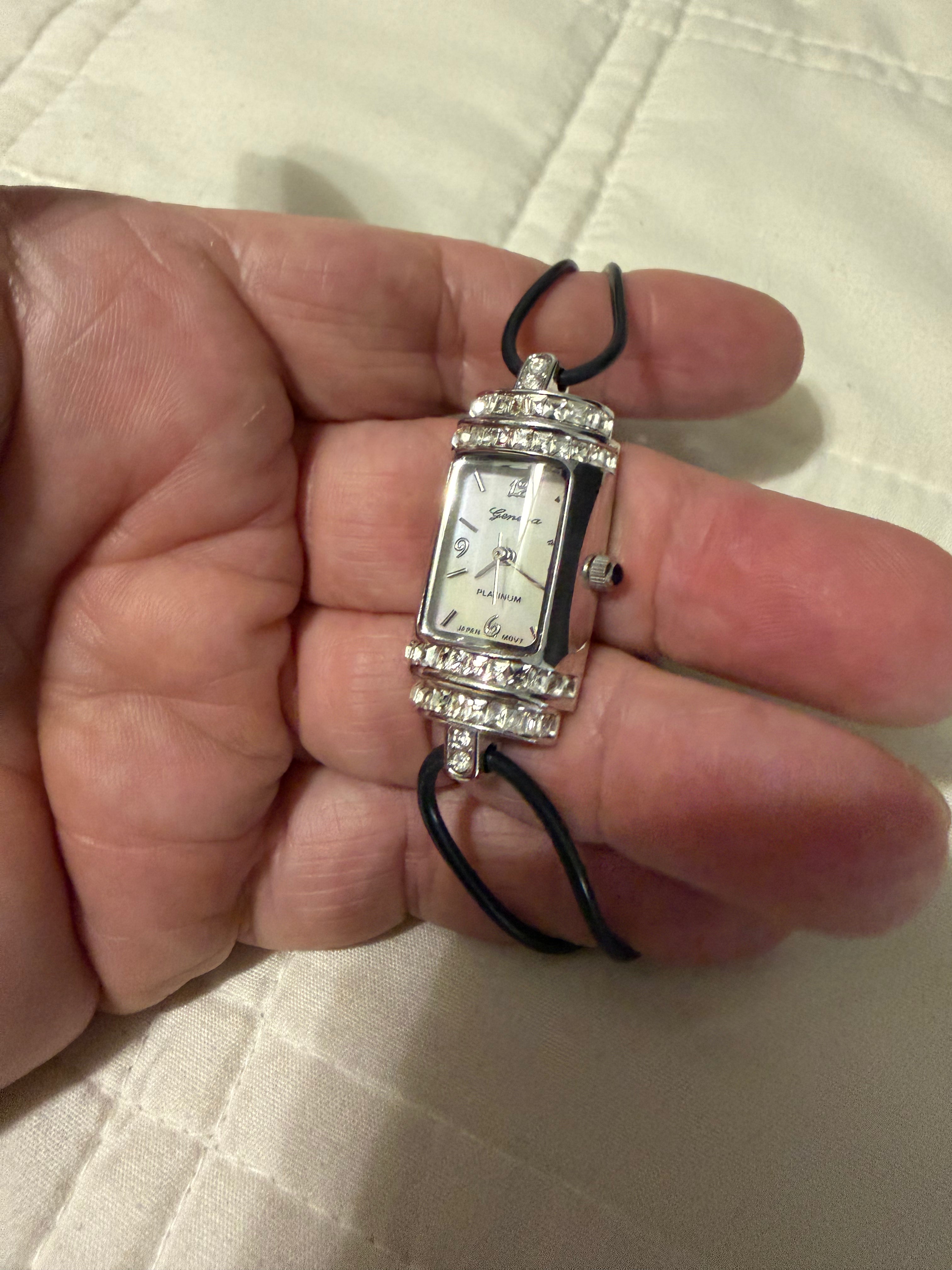 Geneva Platinum Women’s Rectangle Quartz Watch Crystal Accent Japan Movt Silver new battery