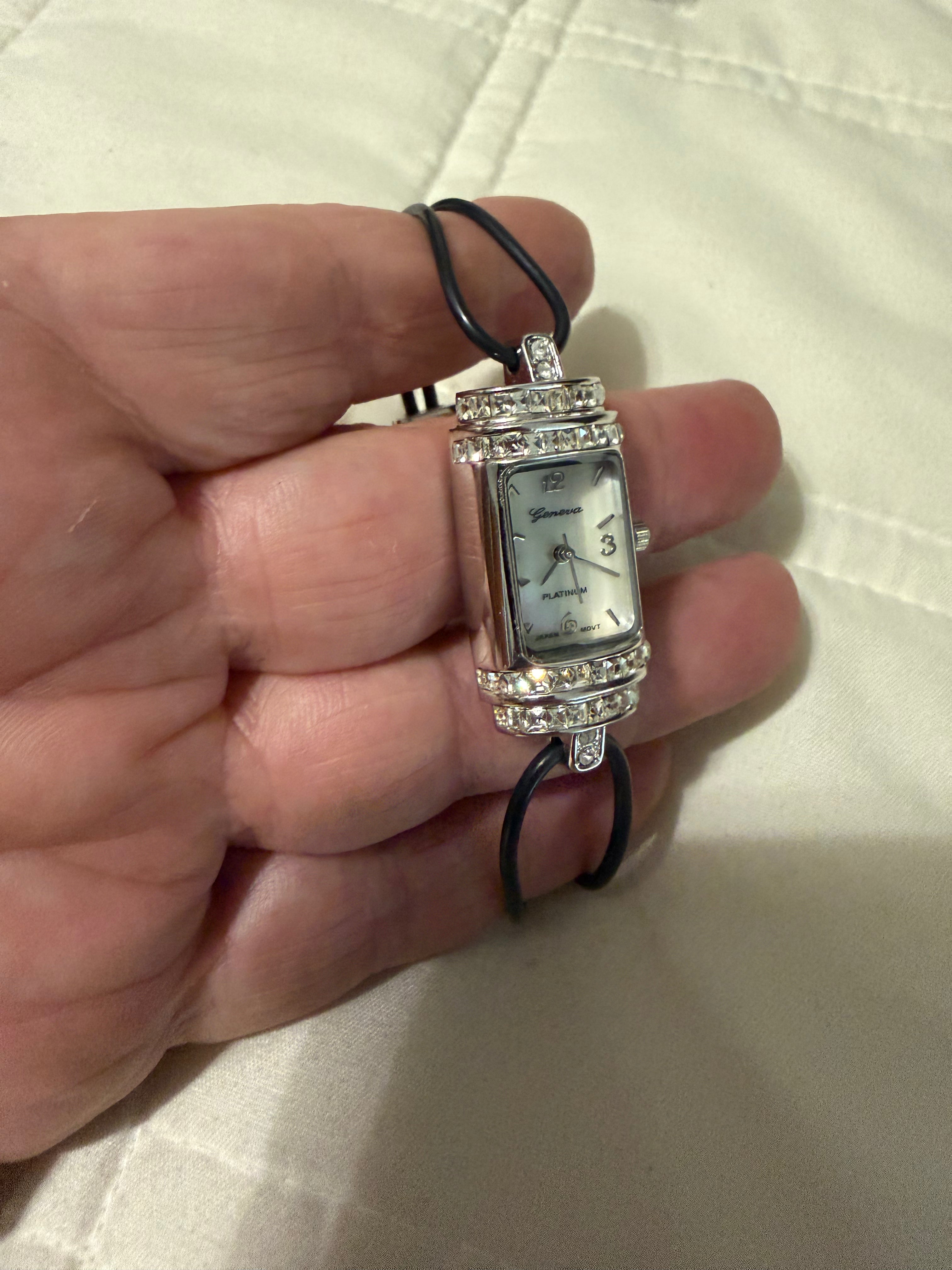 Geneva Platinum Women’s Rectangle Quartz Watch Crystal Accent Japan Movt Silver new battery