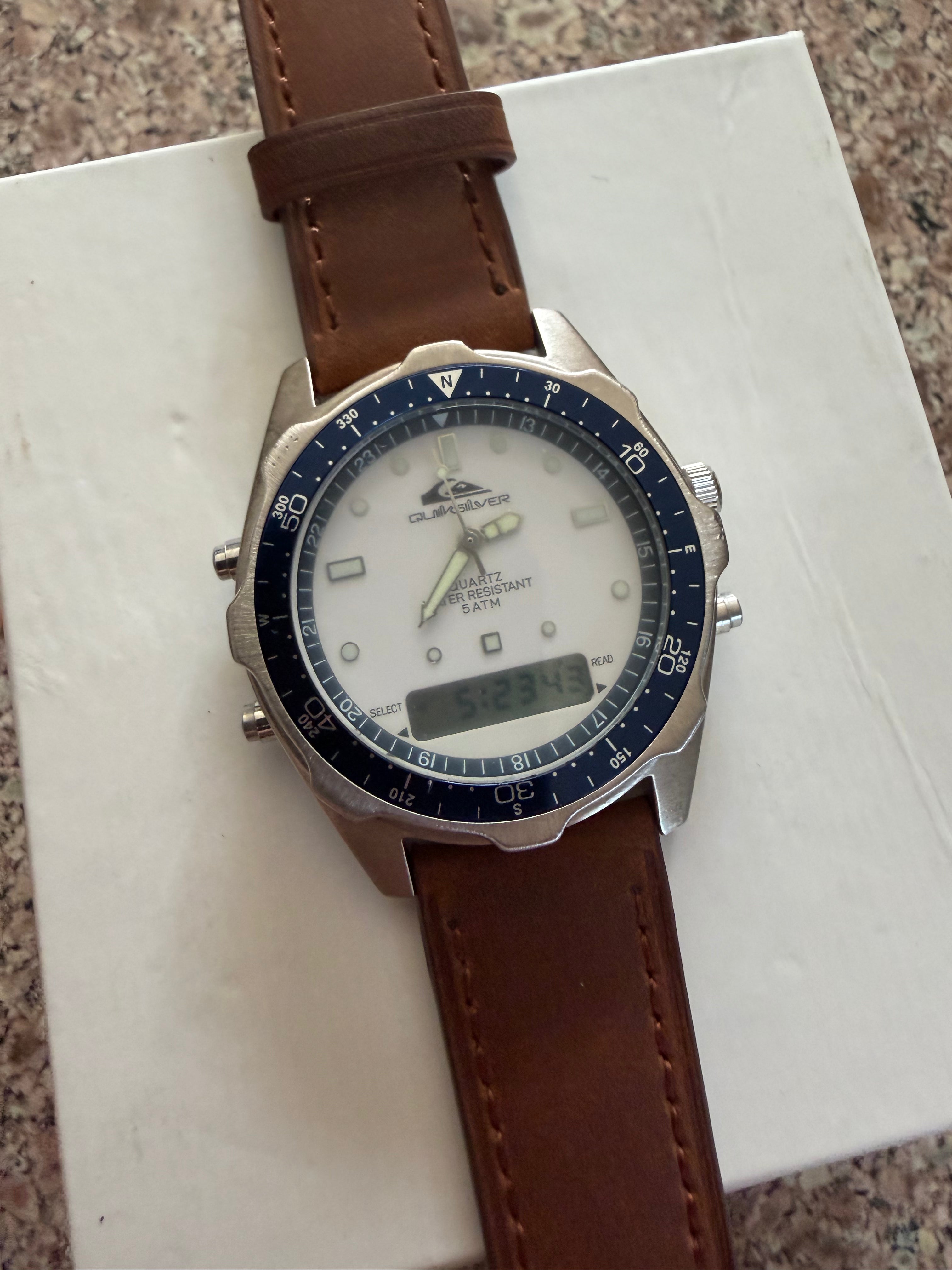 Vintage Quiksilver QS2700 Ana-Digi Quartz Watch White Dial 5ATM Brown Leather Strap new battery