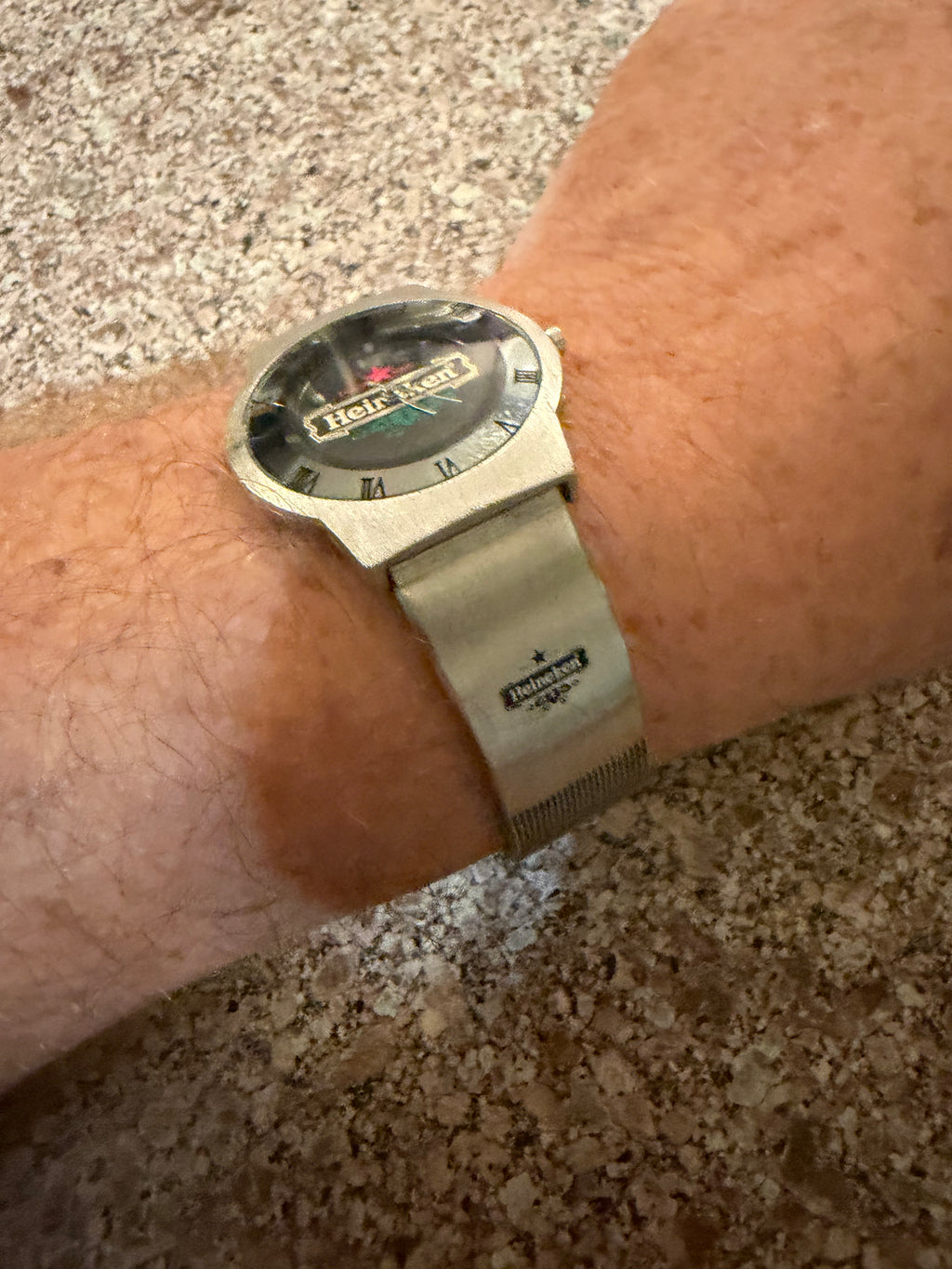 Vintage Heineken Beer Promo Watch Stainless Mesh Band NEW BATTERY Runs Great