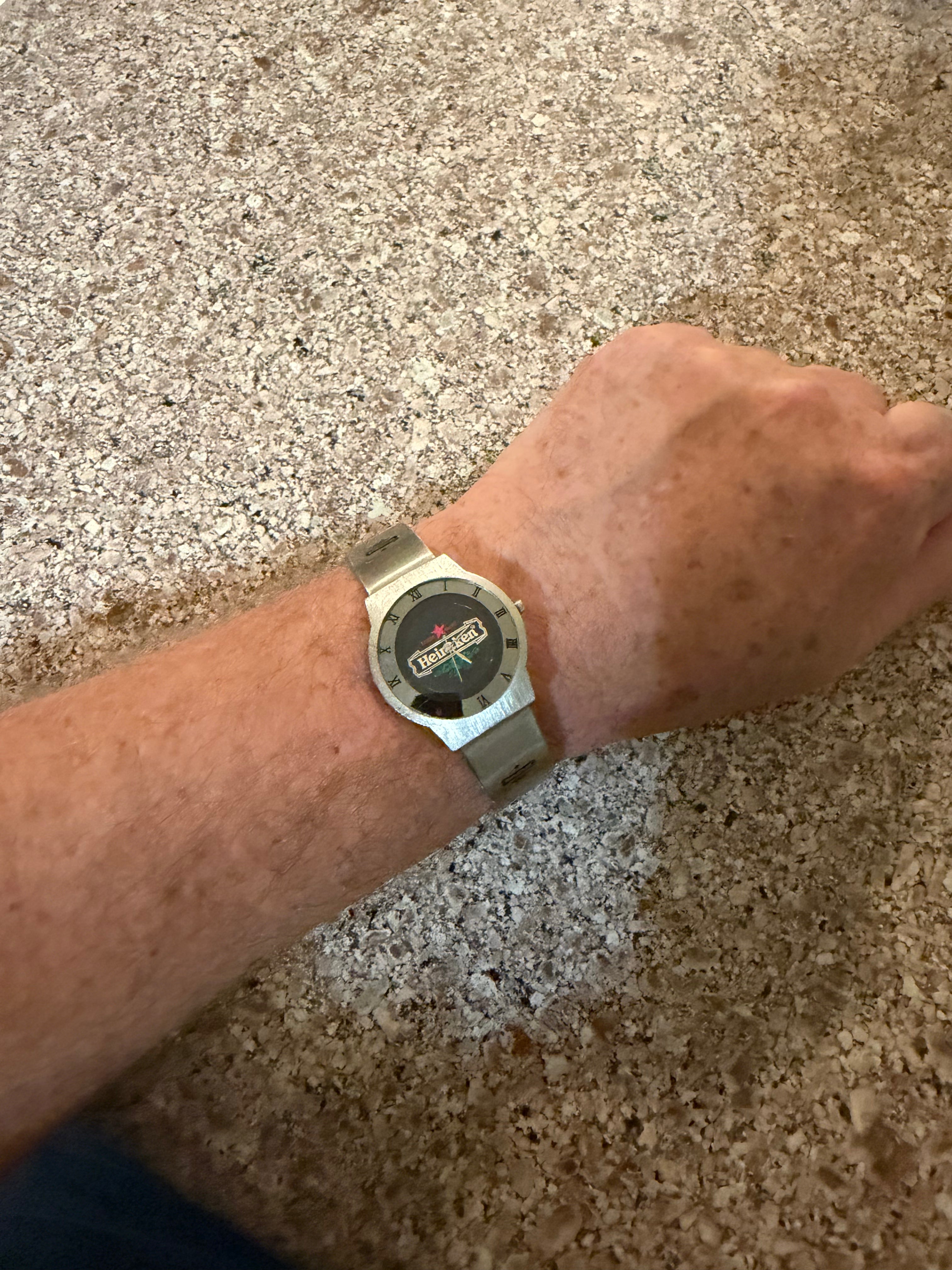 Vintage Heineken Beer Promo Watch Stainless Mesh Band NEW BATTERY Runs Great