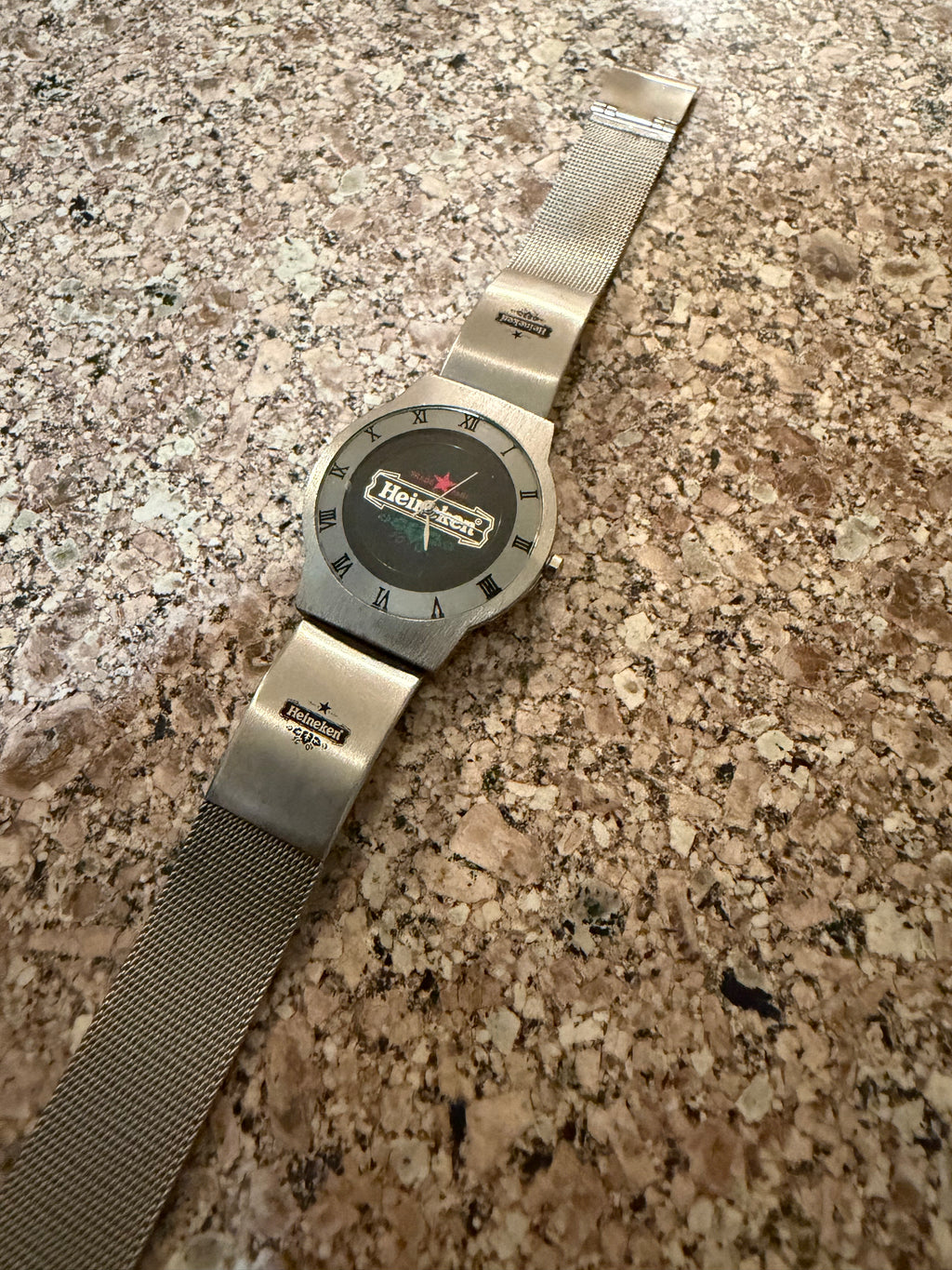 Vintage Heineken Beer Promo Watch Stainless Mesh Band NEW BATTERY Runs Great