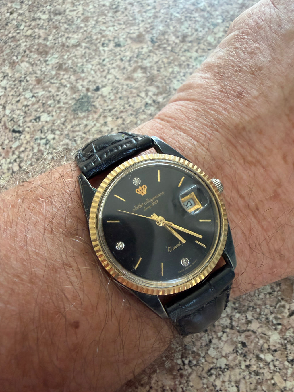 Vintage Jules Jurgensen 6650 Men’s Quartz Watch Black Dial Diamond Accents