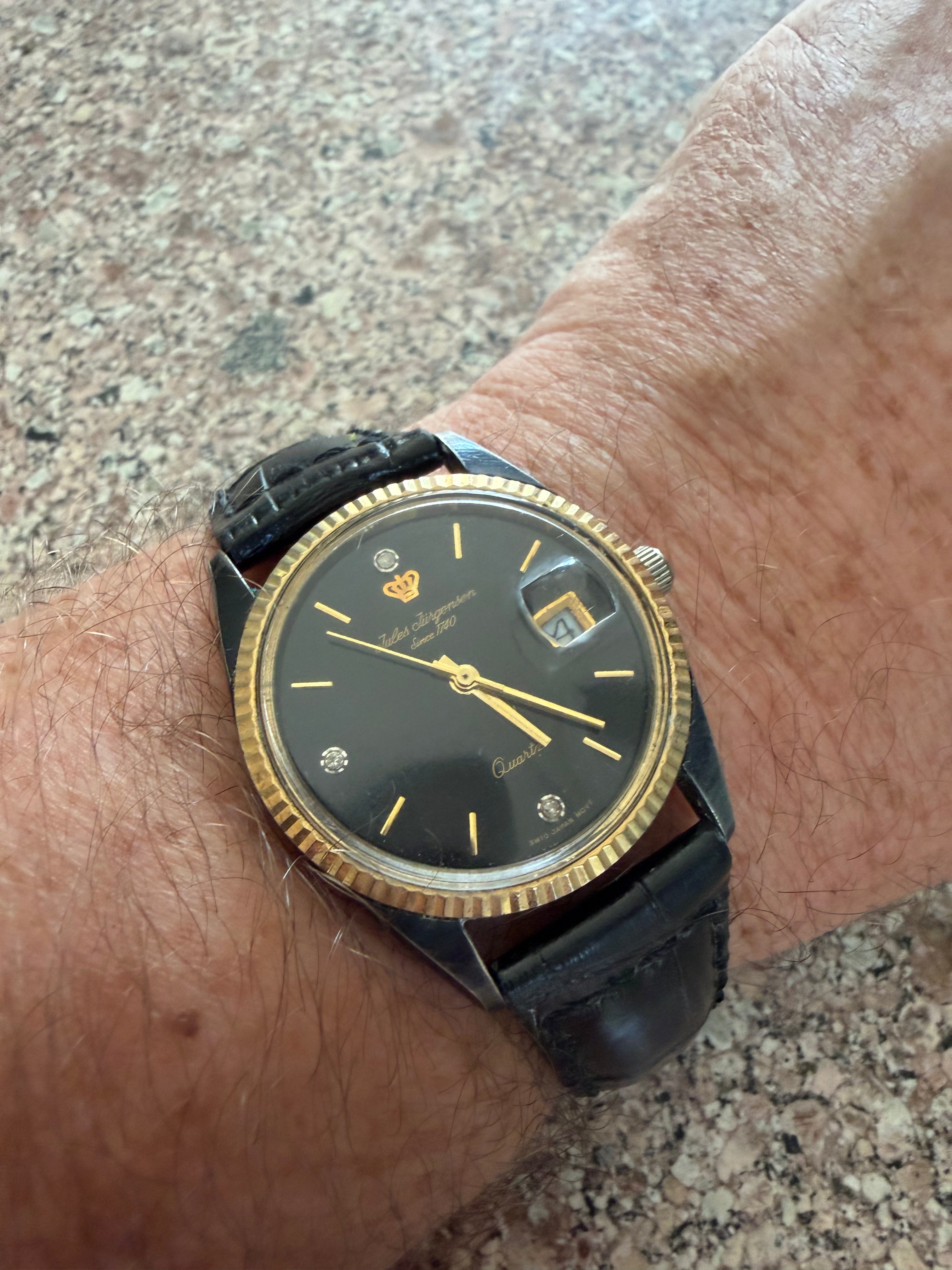 Vintage Jules Jurgensen 6650 Men’s Quartz Watch Black Dial Diamond Accents