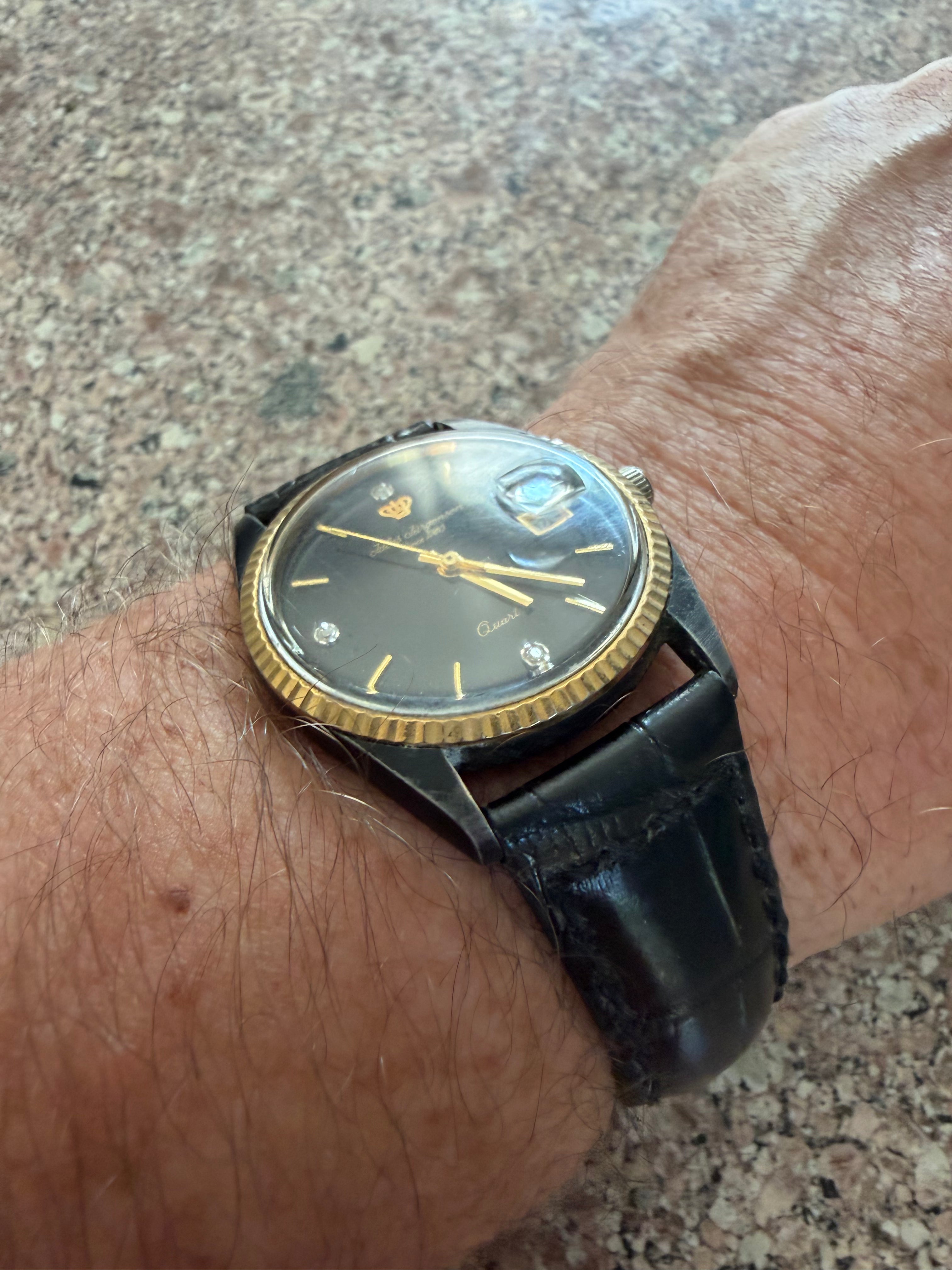 Vintage Jules Jurgensen 6650 Men’s Quartz Watch Black Dial Diamond Accents