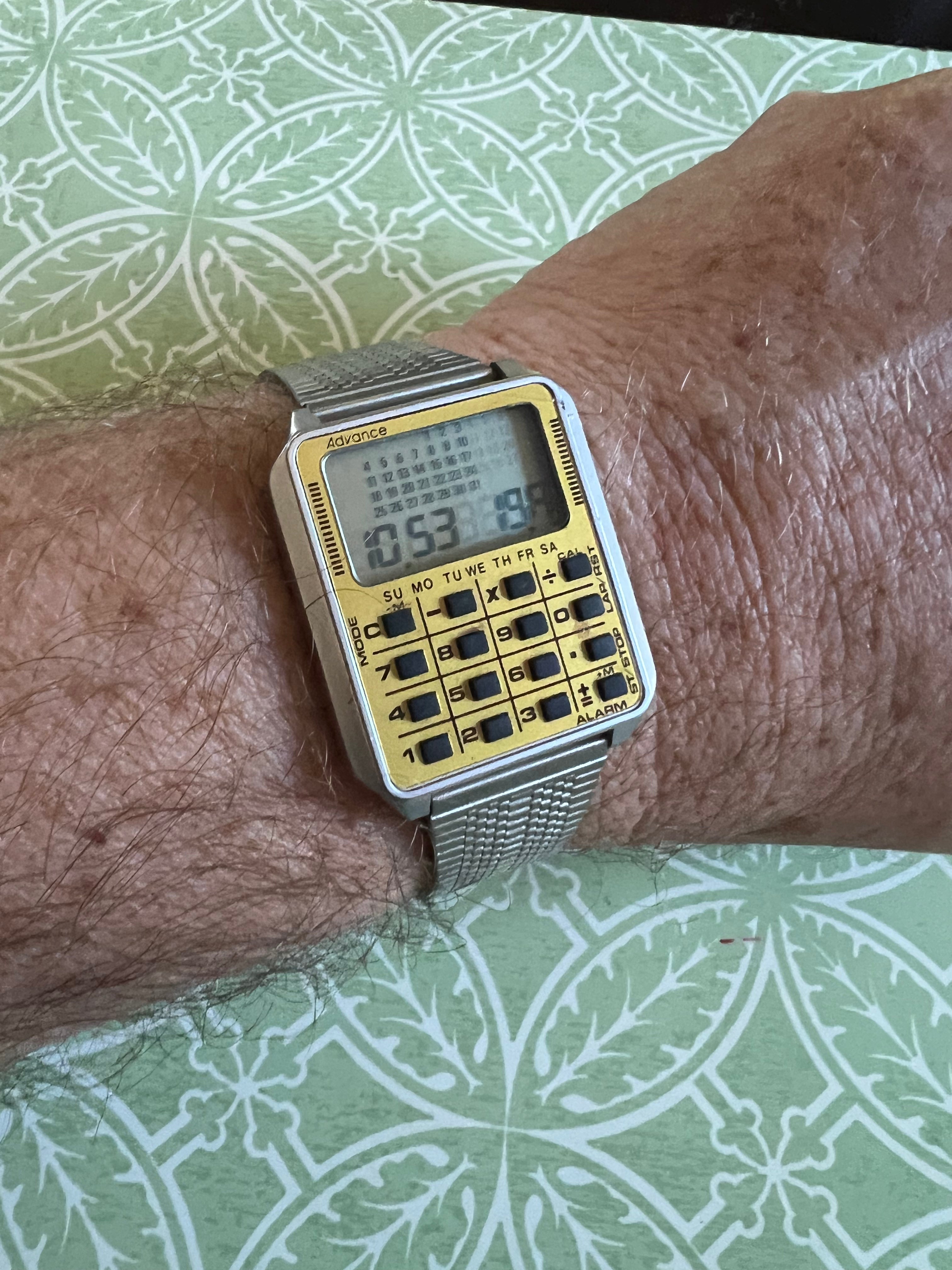 Vintage Advance Calculator Watch Men 34mm Silver Tone Digital Adj Band New Batt.