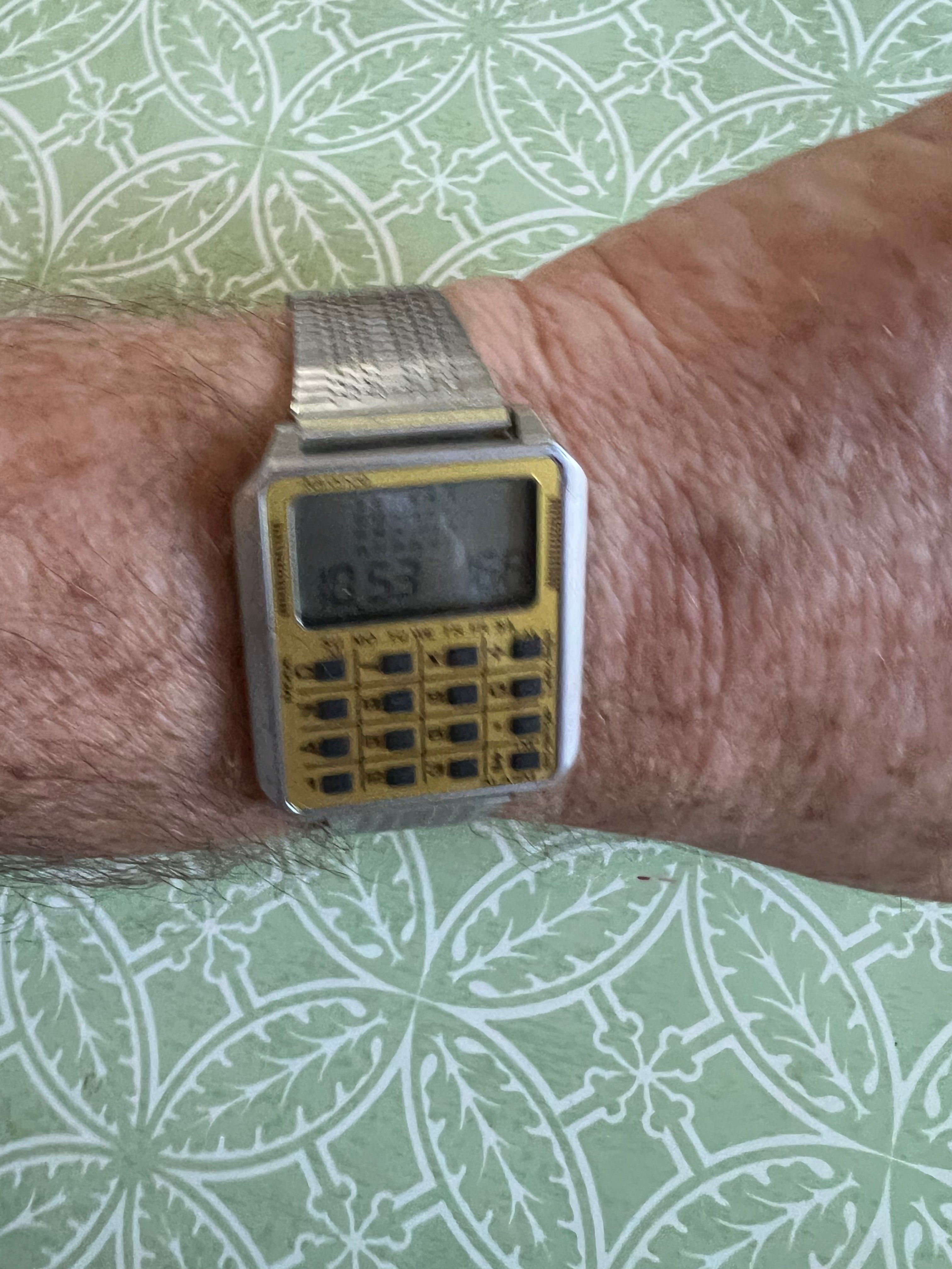 Vintage Advance Calculator Watch Men 34mm Silver Tone Digital Adj Band New Batt.