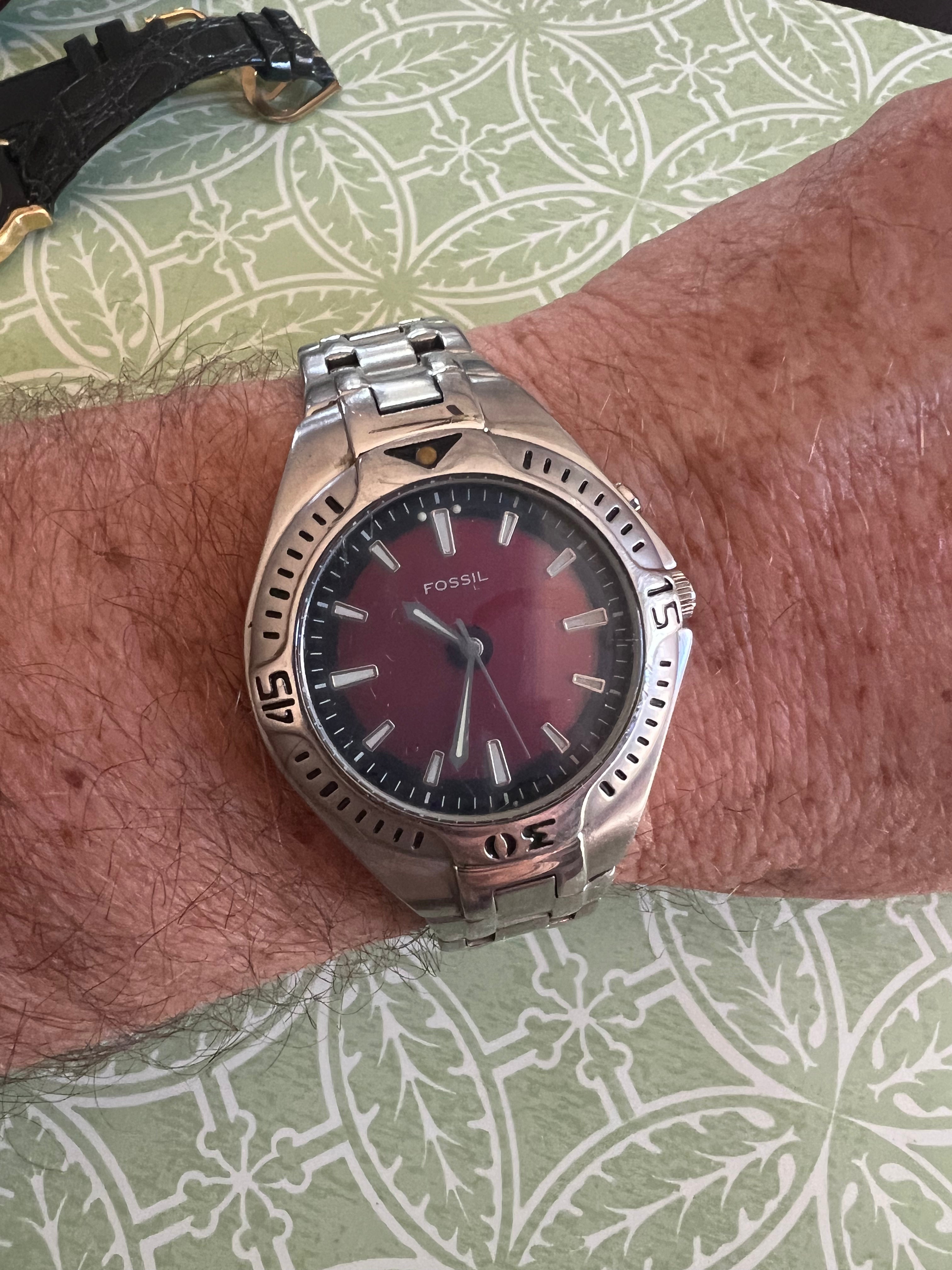 Fossil Quartz Watch AM-3540 Men 100m Steel Dual Color LCD Dial New Battery Full links