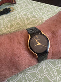 Pierre Jacquard Watch, Gold Tone with Black Bezel and Leather Band