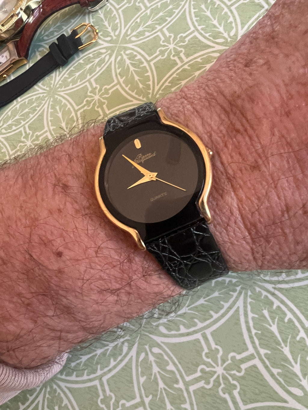 Pierre Jacquard Watch, Gold Tone with Black Bezel and Leather Band