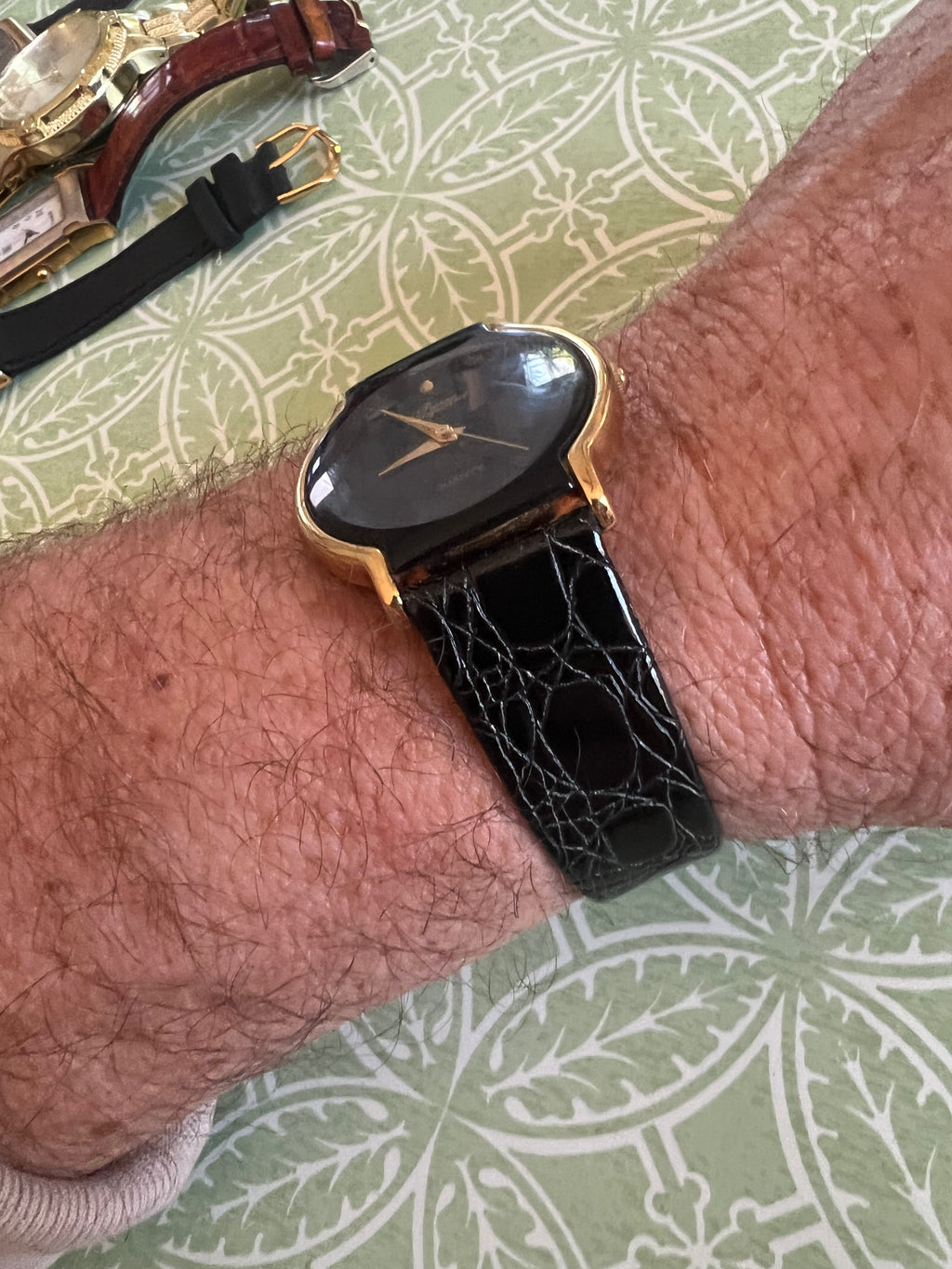 Pierre Jacquard Watch, Gold Tone with Black Bezel and Leather Band