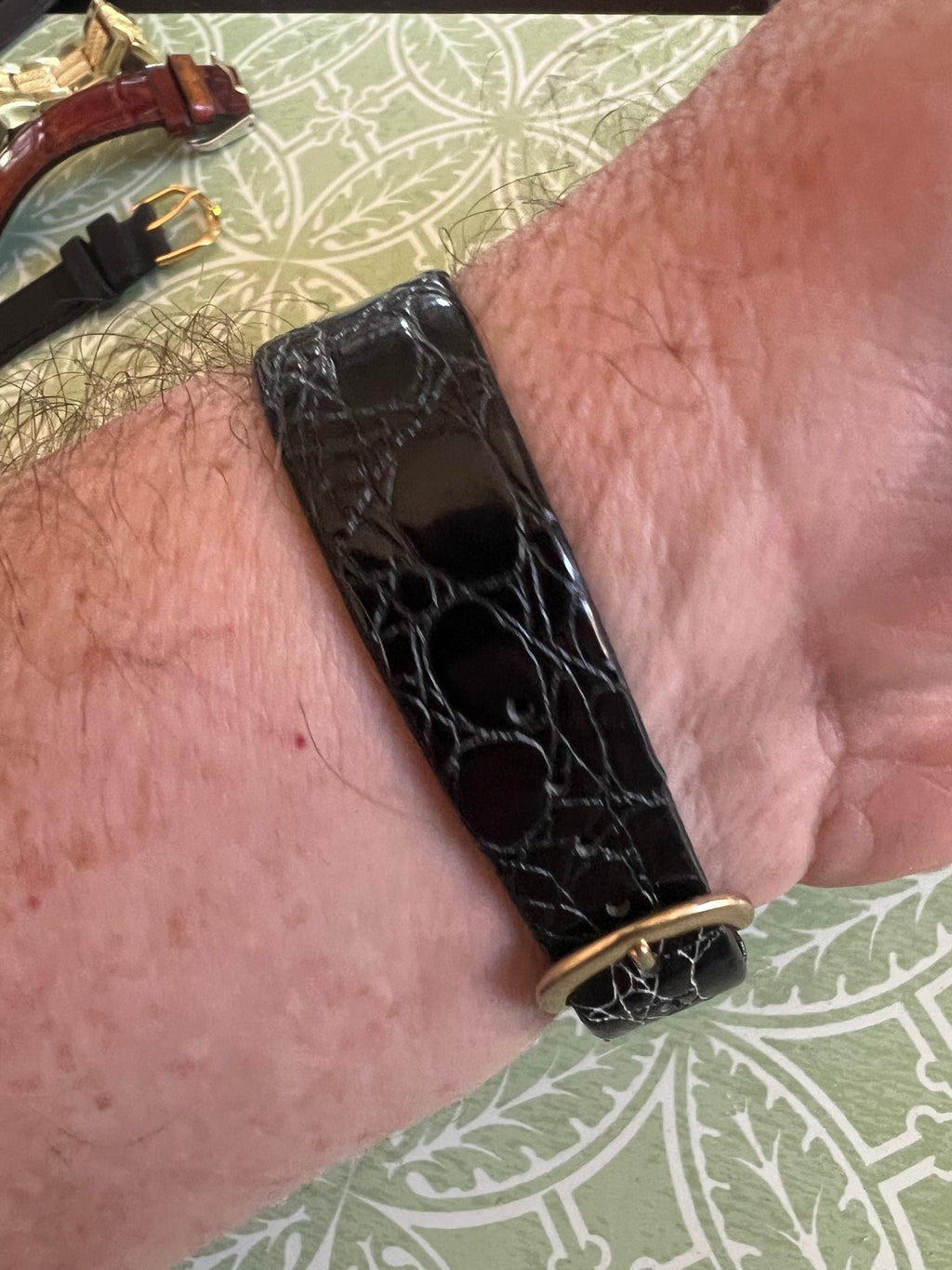 Pierre Jacquard Watch, Gold Tone with Black Bezel and Leather Band