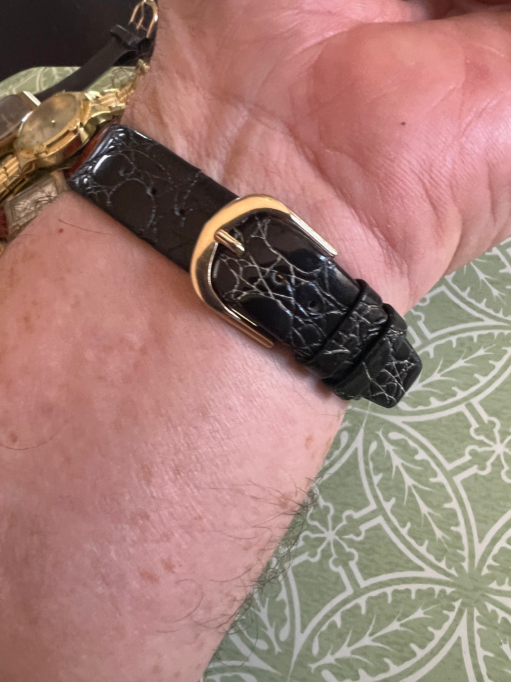 Pierre Jacquard Watch, Gold Tone with Black Bezel and Leather Band