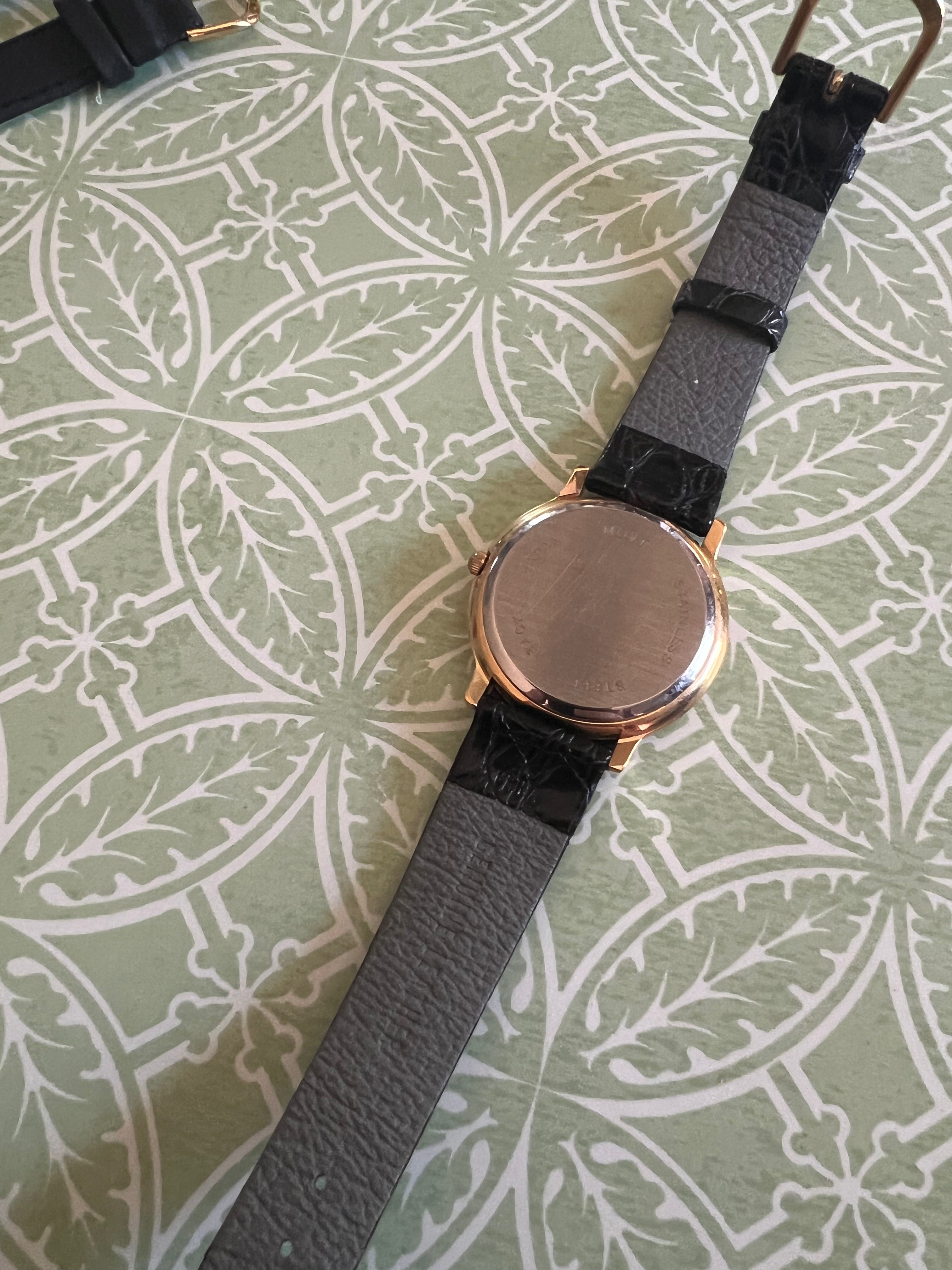 Pierre Jacquard Watch, Gold Tone with Black Bezel and Leather Band