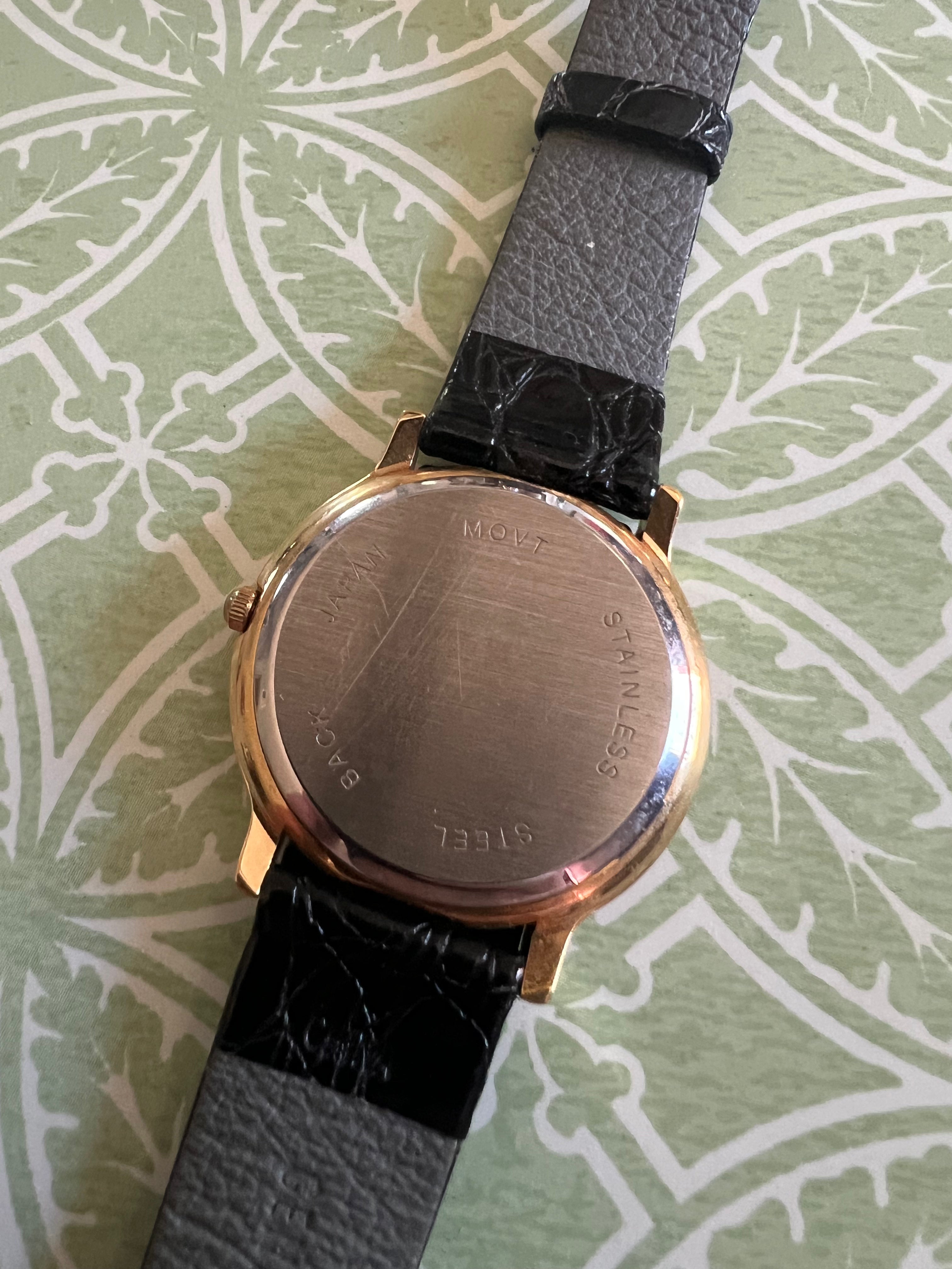 Pierre Jacquard Watch, Gold Tone with Black Bezel and Leather Band