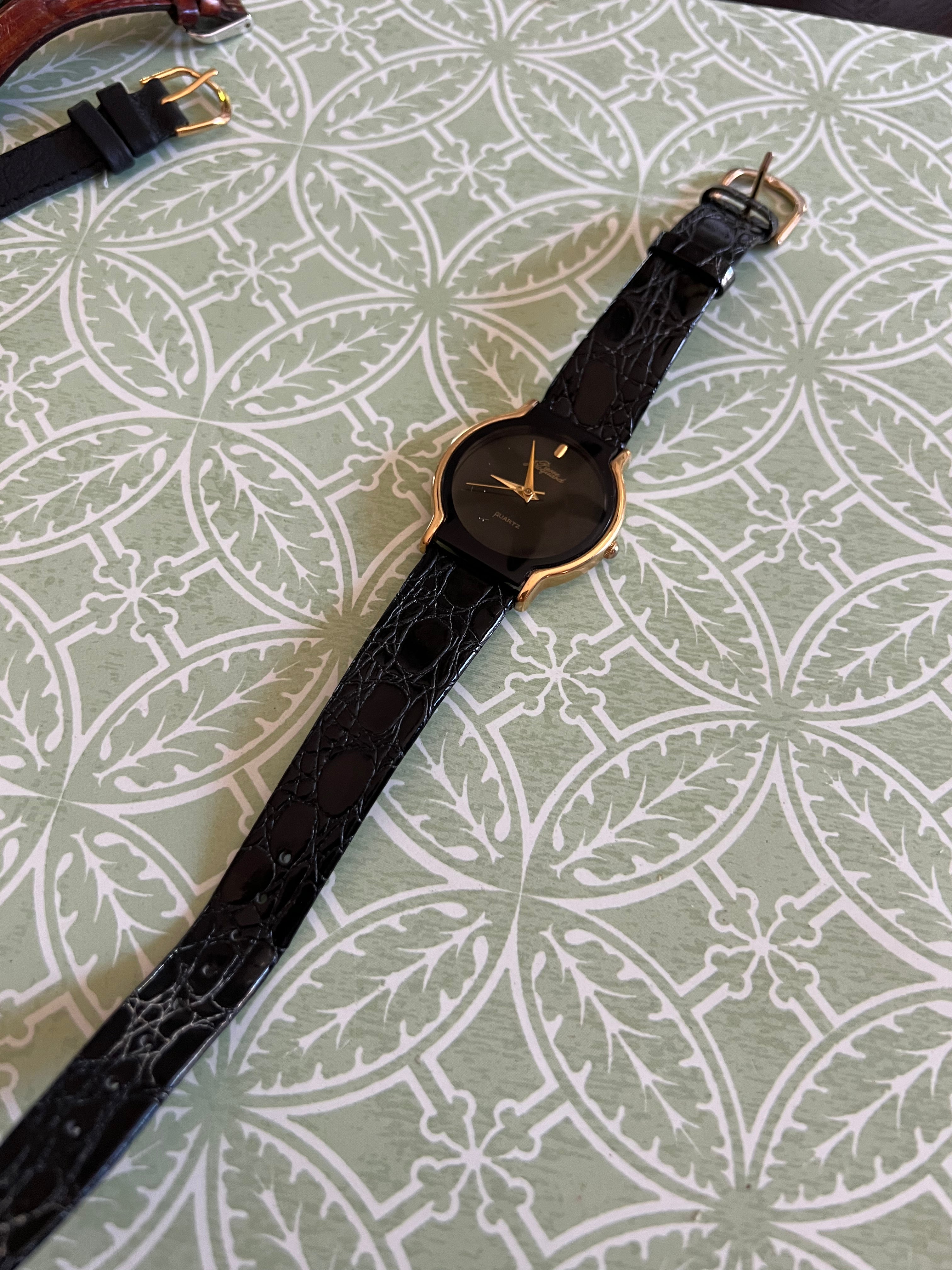 Pierre Jacquard Watch, Gold Tone with Black Bezel and Leather Band