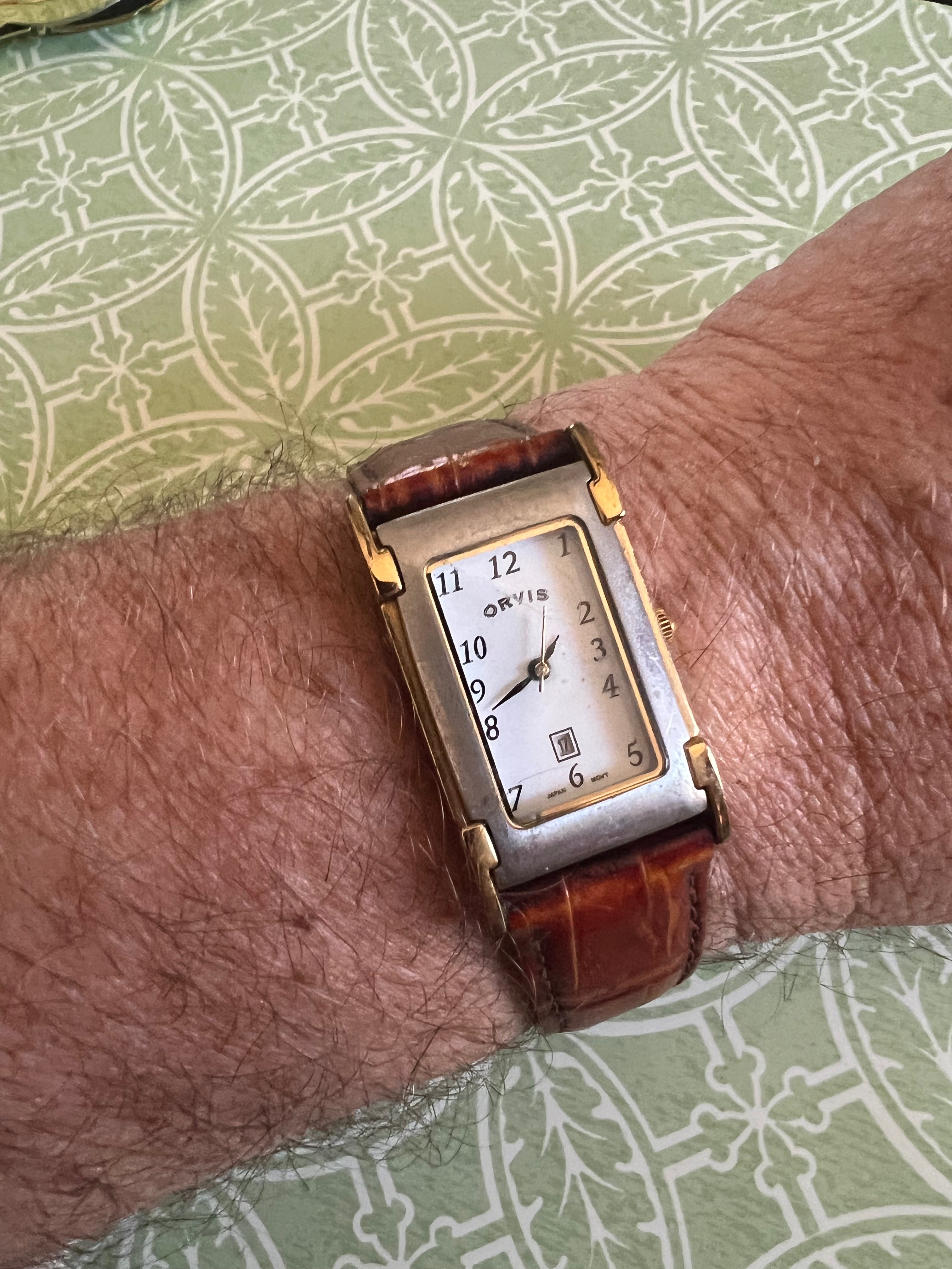 Vintage Orvis Tank Watch Men 23mm White Dial Two Tone Date Rectangle.