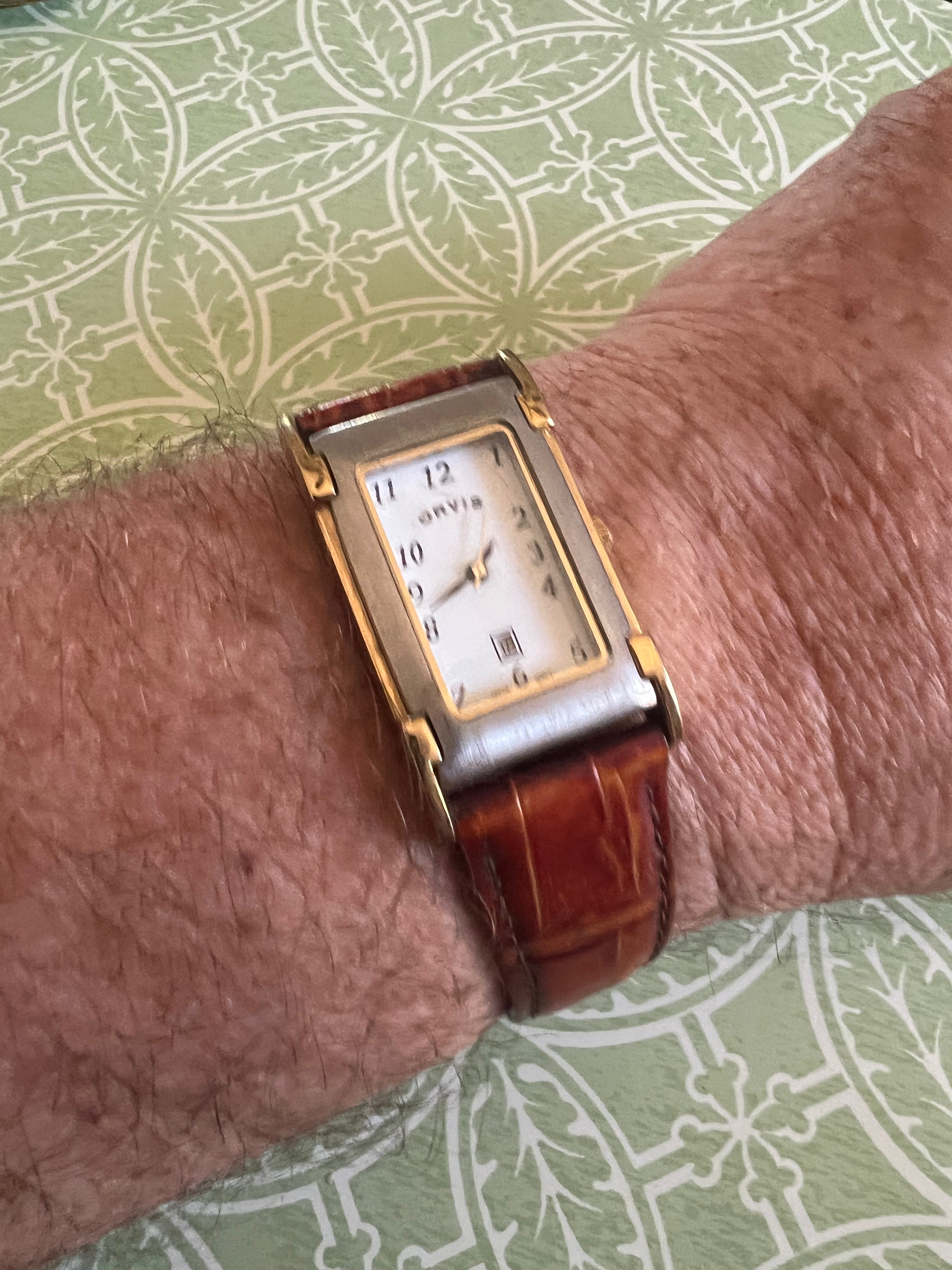 Vintage Orvis Tank Watch Men 23mm White Dial Two Tone Date Rectangle.