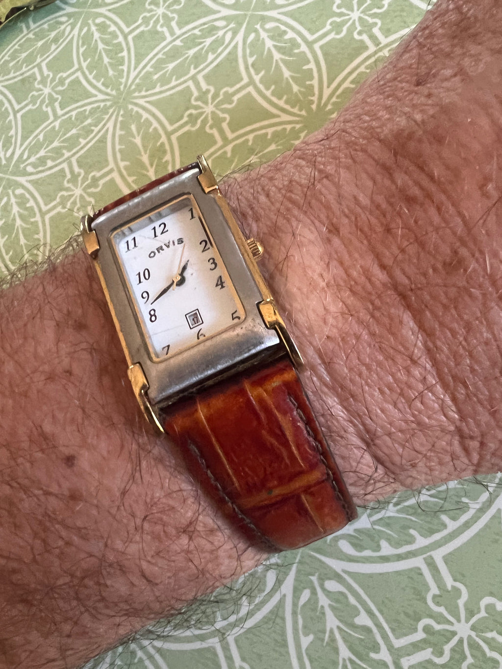 Vintage Orvis Tank Watch Men 23mm White Dial Two Tone Date Rectangle.