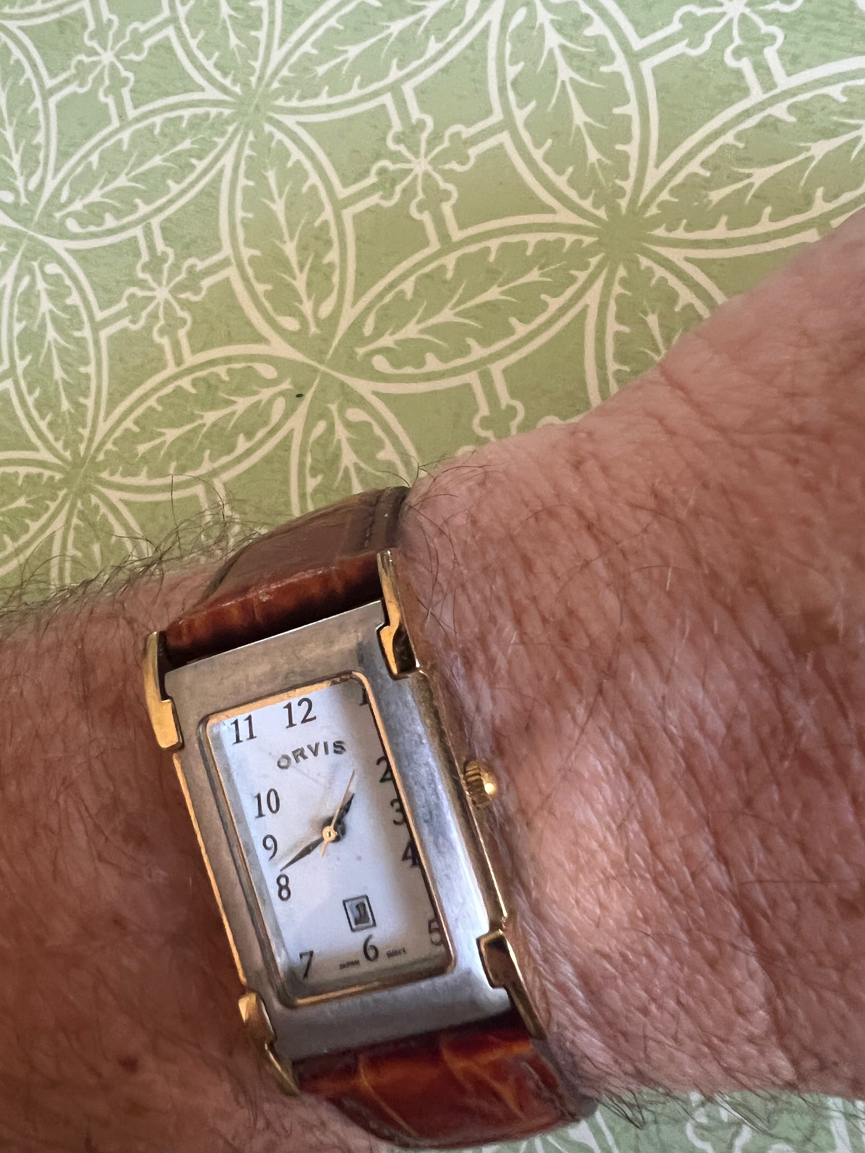Vintage Orvis Tank Watch Men 23mm White Dial Two Tone Date Rectangle.