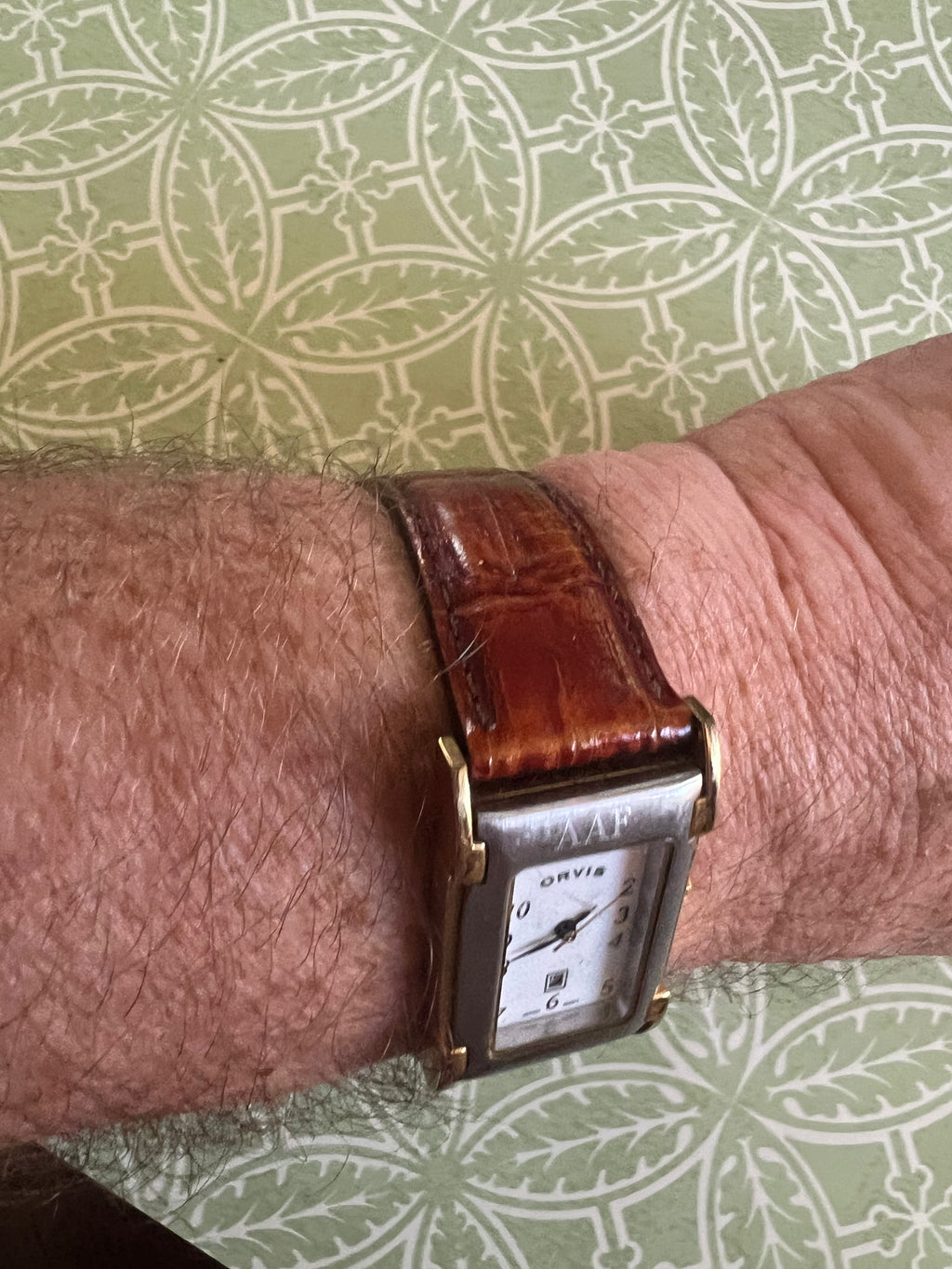 Vintage Orvis Tank Watch Men 23mm White Dial Two Tone Date Rectangle.