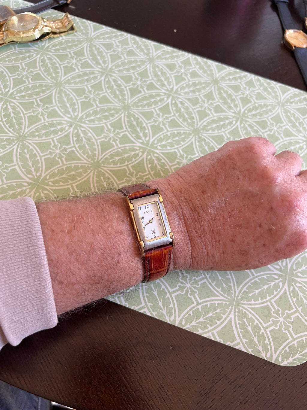 Vintage Orvis Tank Watch Men 23mm White Dial Two Tone Date Rectangle.