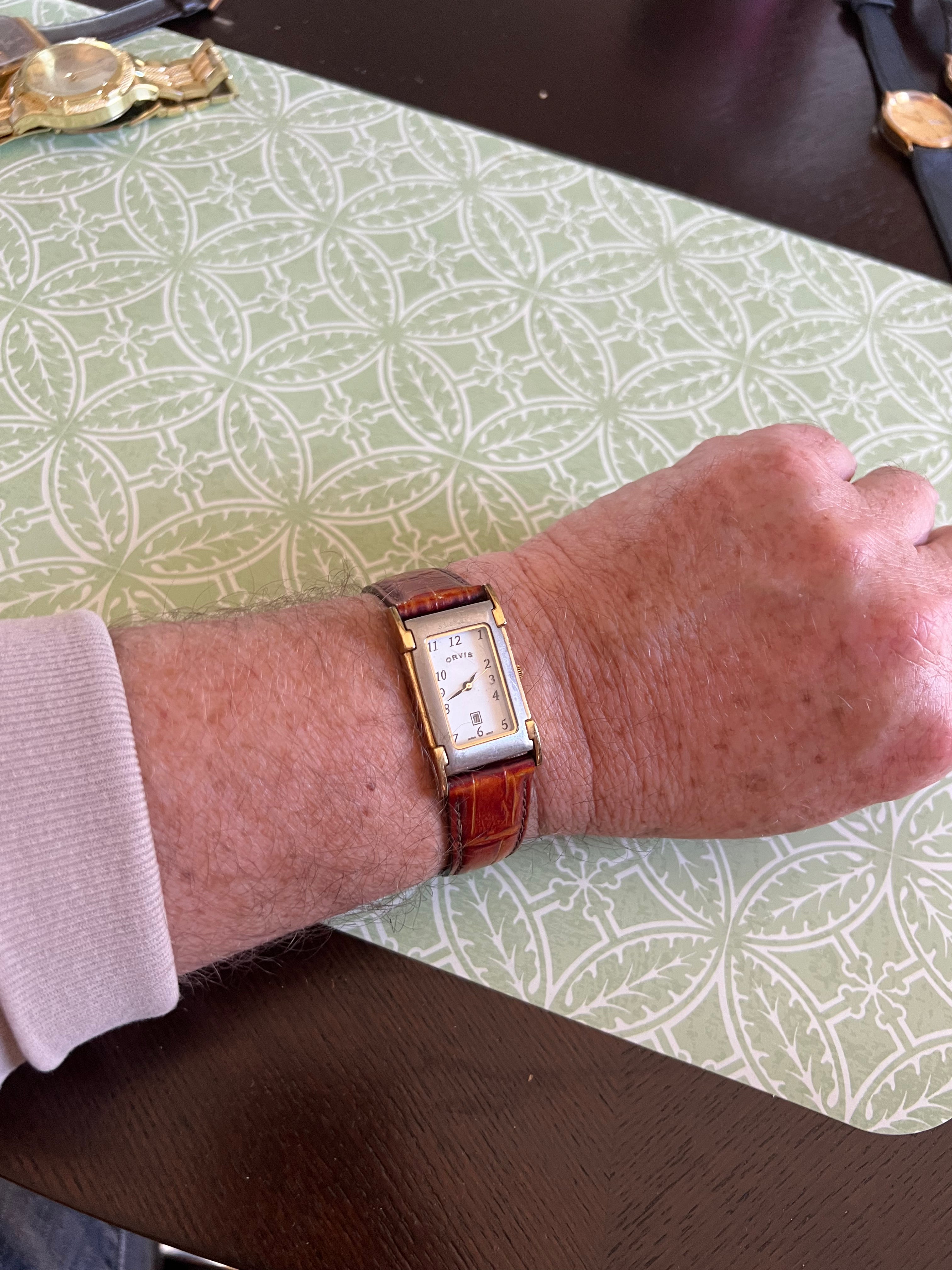 Vintage Orvis Tank Watch Men 23mm White Dial Two Tone Date Rectangle.