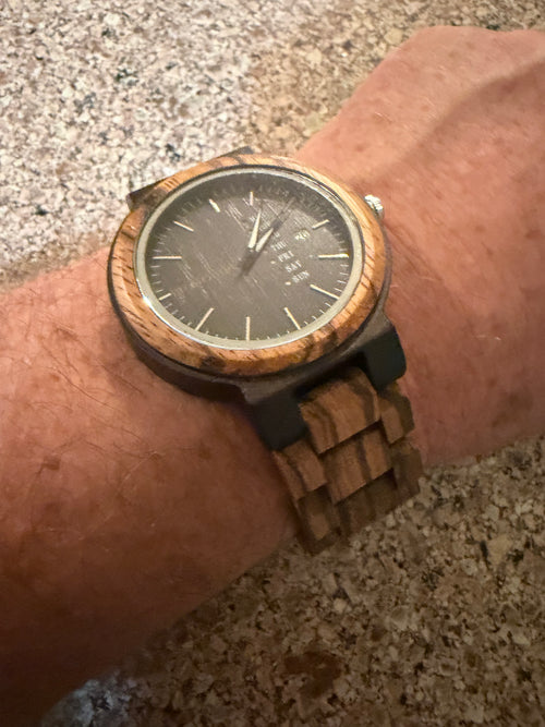 BOBO BIRD O26-1 Men’s Zebrawood Watch Black Dial Day Date Quartz Wood Bracelet