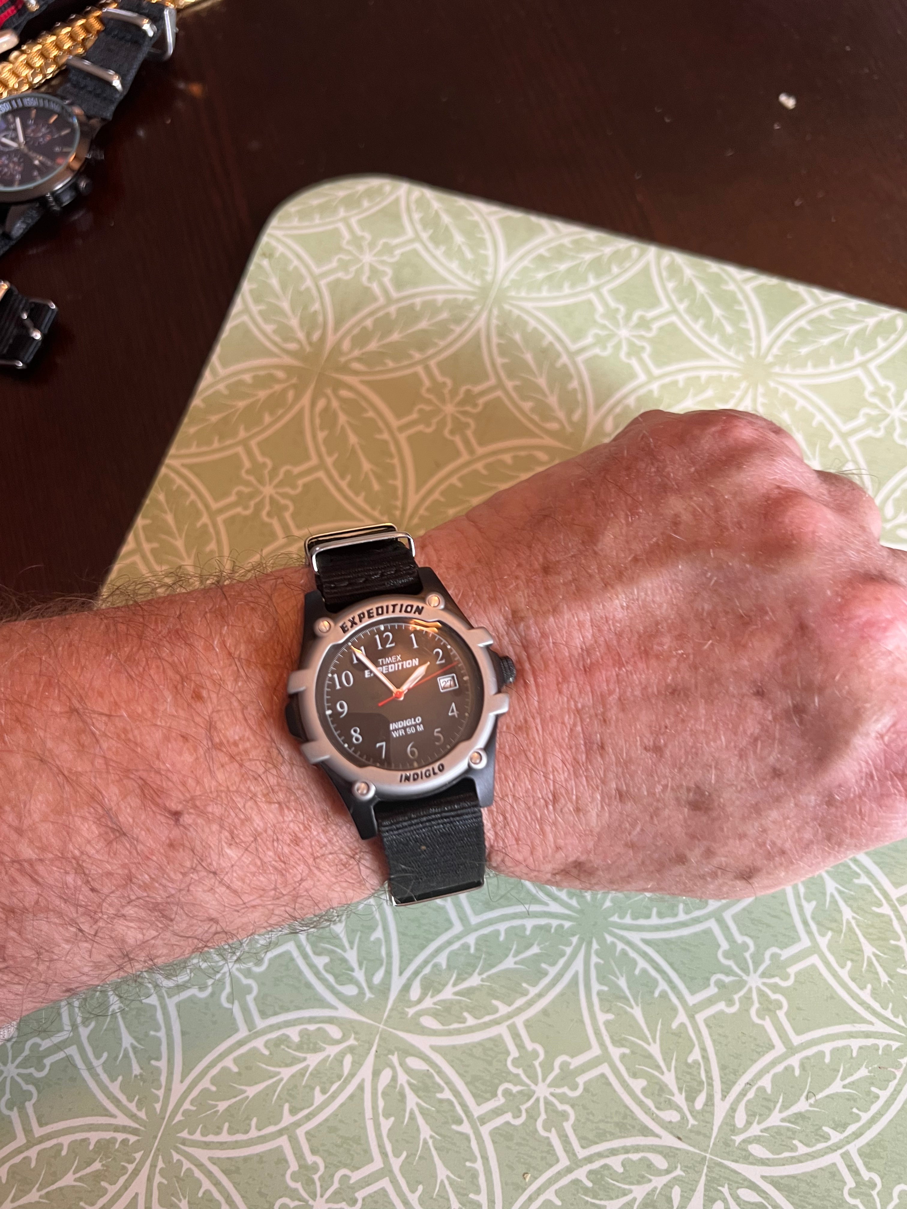 Timex Expedition Watch Men Indiglo 38mm Silver Black Dial Date Vintage 1990's