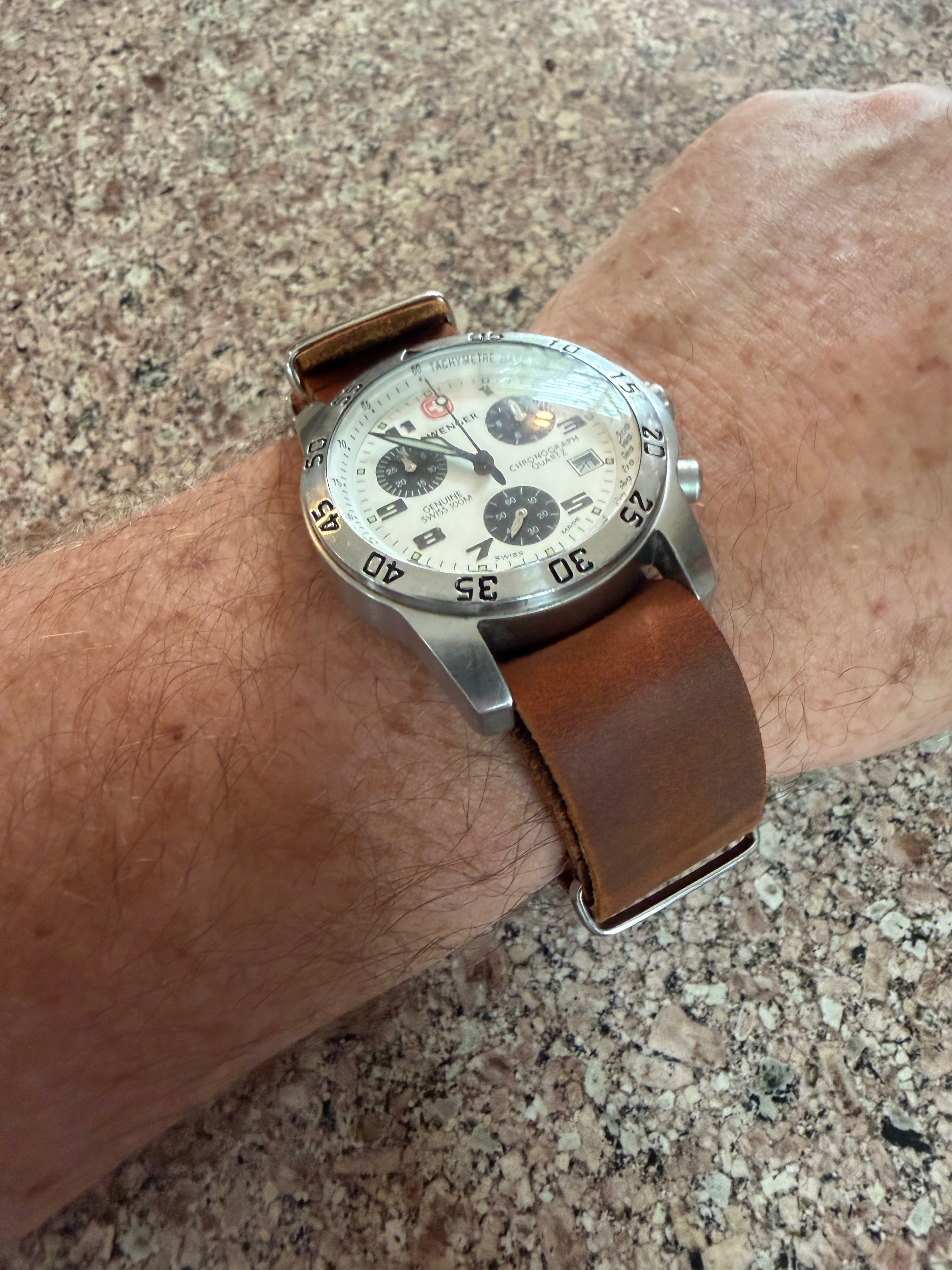 Wenger Men's Swiss Made Panda DiChronograph Date Brown Leather Strap. 537.0936