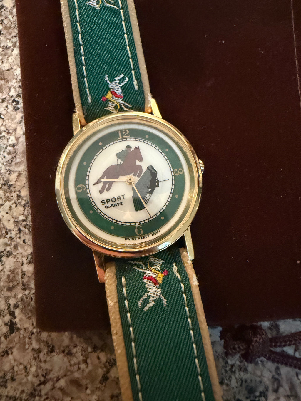 Equestrian Horse Jumping Quartz Watch with Embroidered Green Strap New Battery!