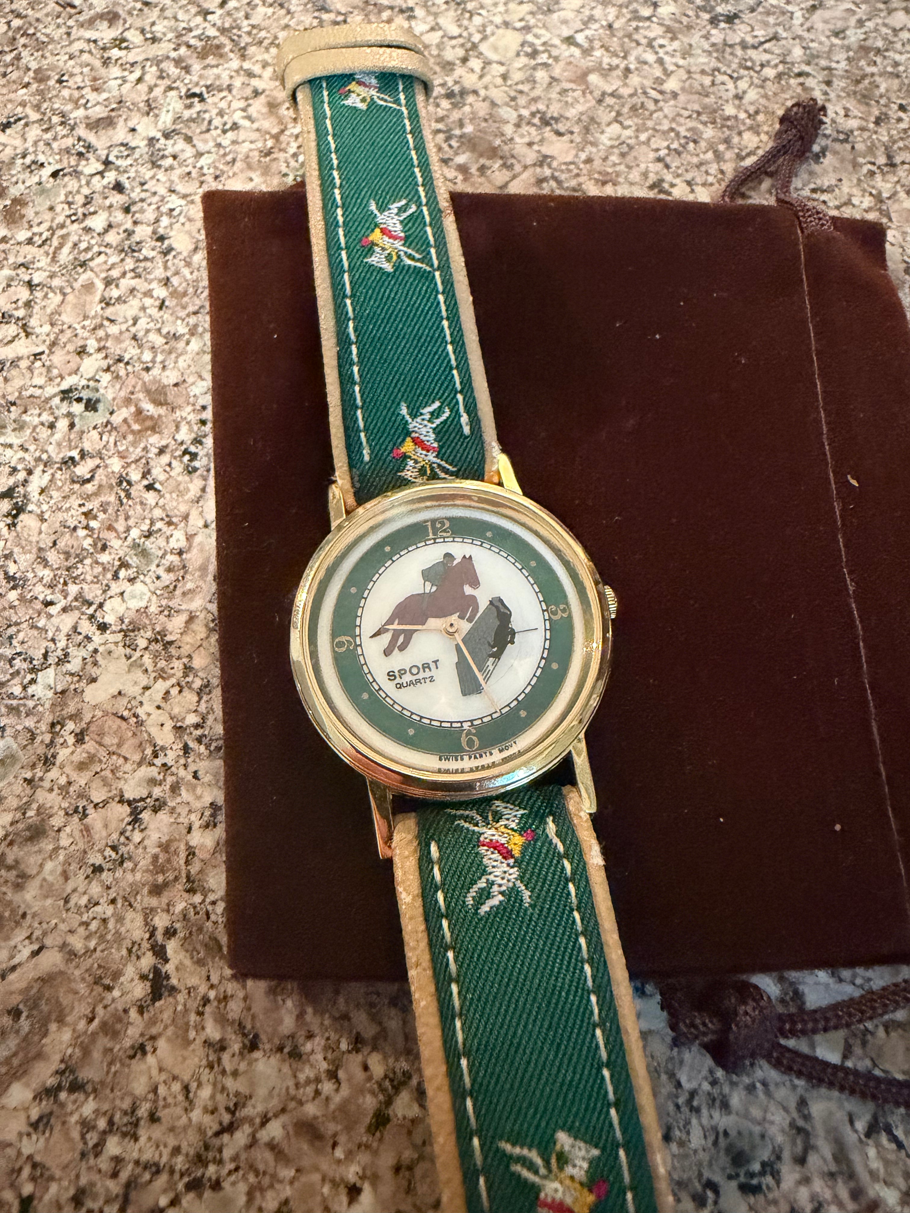 Equestrian Horse Jumping Quartz Watch with Embroidered Green Strap New Battery!