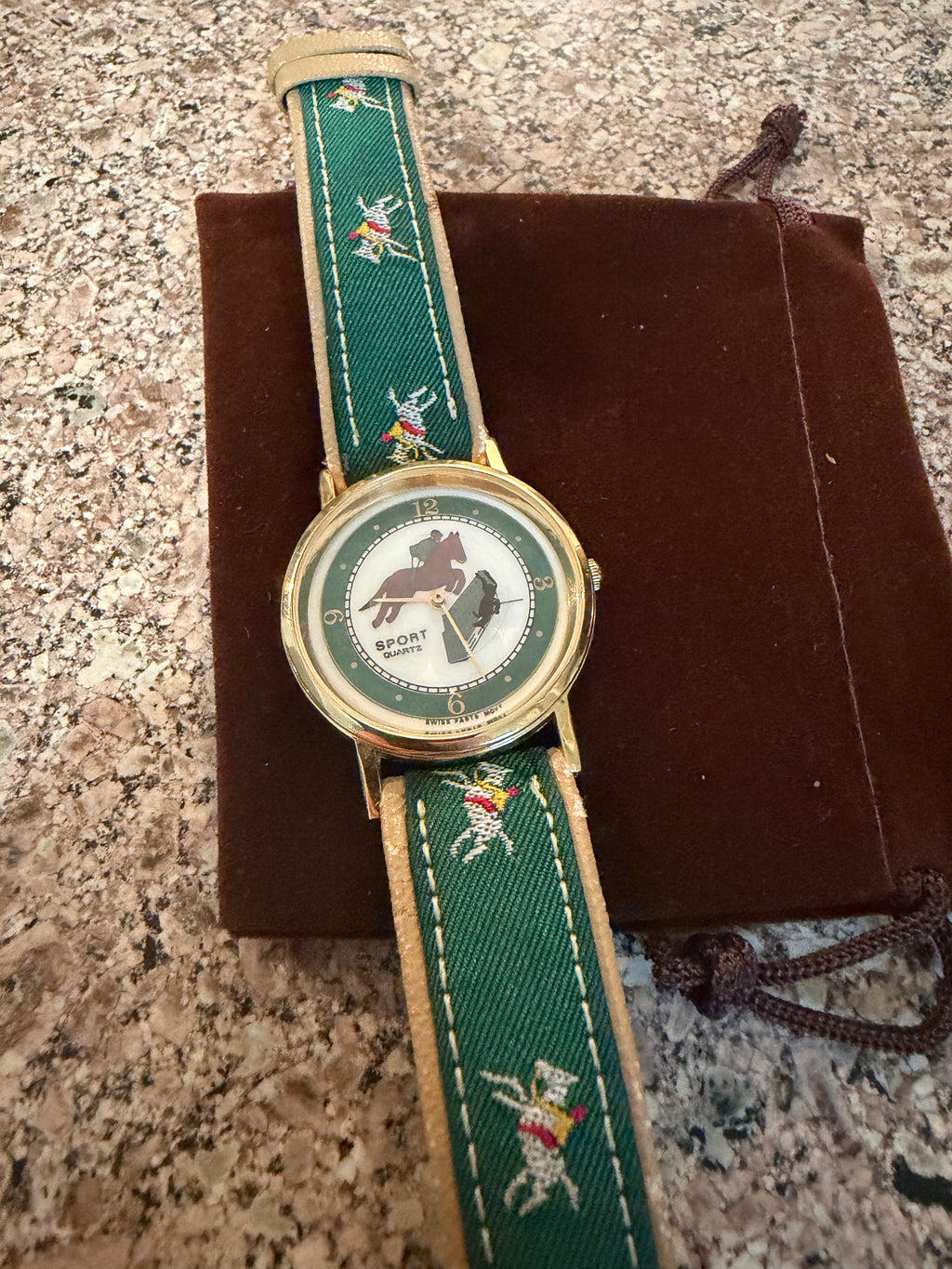 Equestrian Horse Jumping Quartz Watch with Embroidered Green Strap New Battery!