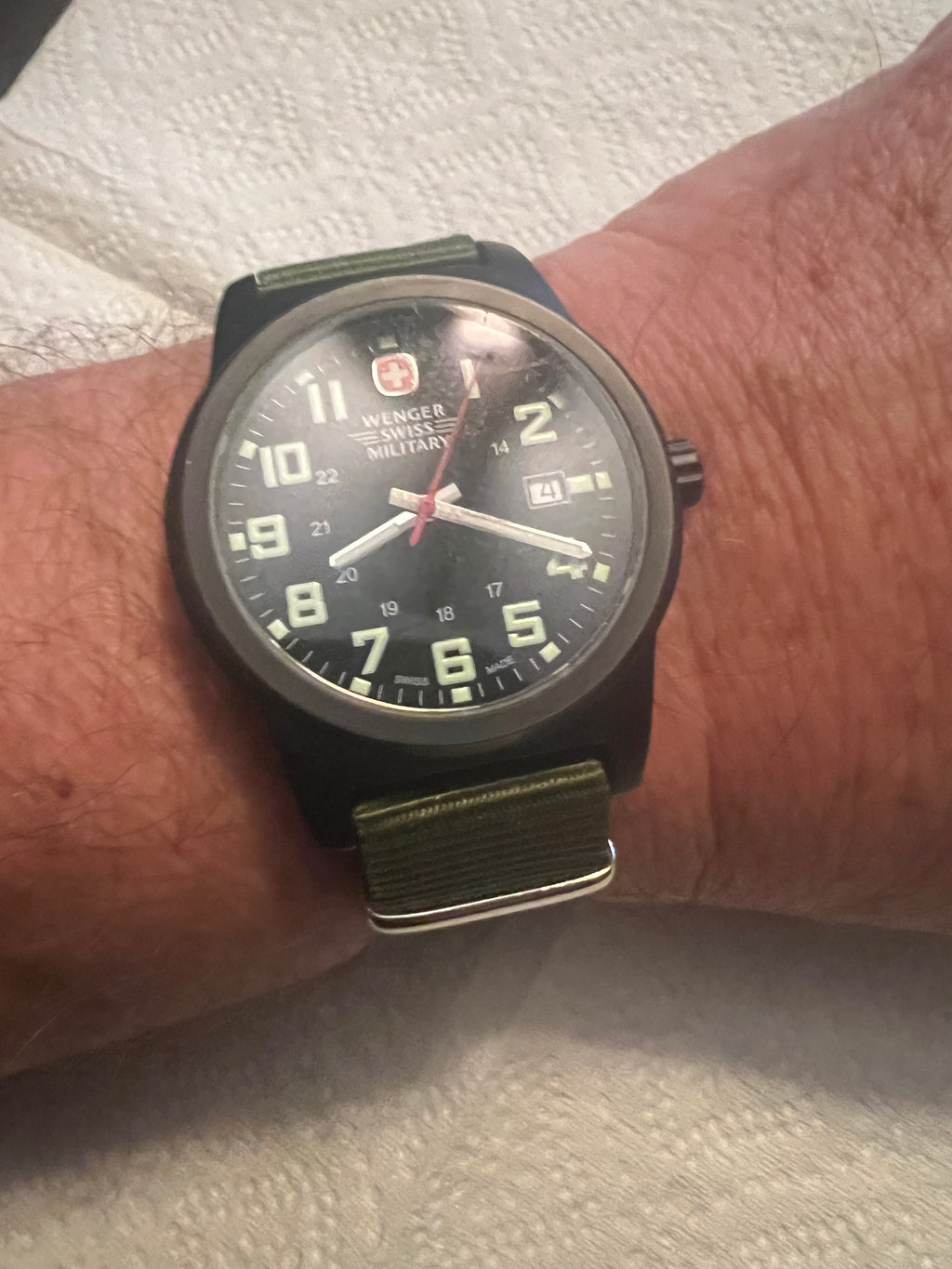 Wenger Swiss Military  Watch 7291X Day/Date Black Dial, Green NATO, New Battery