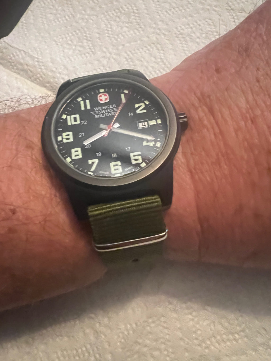Wenger Swiss Military  Watch 7291X Day/Date Black Dial, Green NATO, New Battery