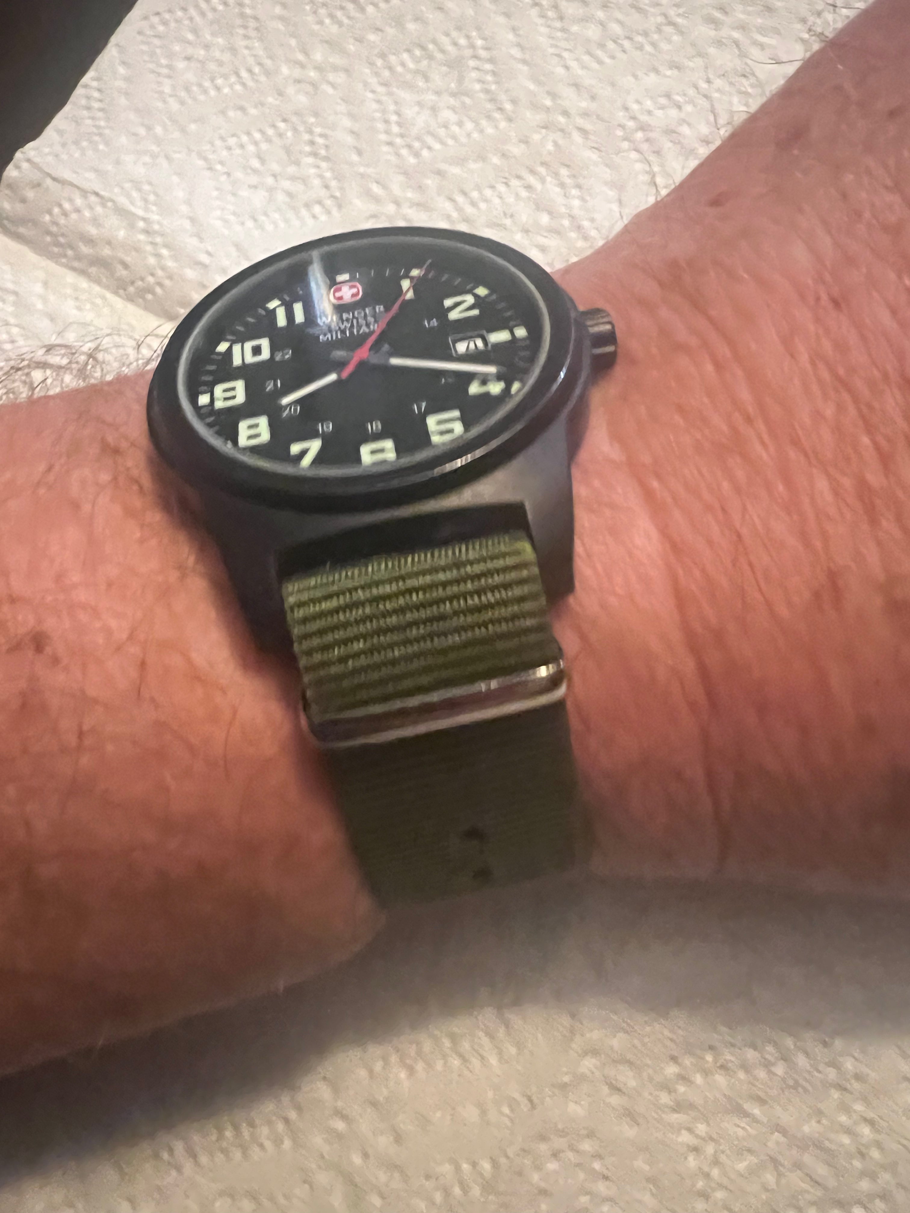 Wenger Swiss Military  Watch 7291X Day/Date Black Dial, Green NATO, New Battery